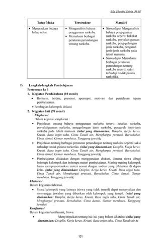 Eka Chandra Satria, M.Pd
Tatap Muka Terstruktur Mandiri
• Menerapkan budaya
hidup sehat
• Menganalisis bahaya
penggunaan narkoba.
• Memahami berbagai
peraturan perundangan
tentang narkoba.
• Siswa dapat Menganalisis
bahaya peng-gunaan
narkoba seperti: hekekat
narkoba, penyalah-gunaan
narkoba, peng-golongan
jenis narkoba, pengaruh
jenis-jenis narkoba pada
tubuh manusia.
• Siswa dapat Memahami
berbagai peraturan
perundangan tentang
narkoba seperti: saksi
terhadap tindak pidana
narkotika.
D. Langkah-langkah Pembelajaran
Pertemuan ke 1
1. Kegiatan Pendahuluan (10 menit)
• Berbaris, berdoa, presensi, apersepsi, motivasi dan penjelasan tujuan
pembelajaran.
• Pembagian kelompok diskusi
2. Kegiatan Inti (70 menit)
Eksplorasi
Dalam kegiatan eksplorasi :
• Penjelasan tentang bahaya penggunaan narkoba seperti: hekekat narkoba,
penyalahgunaan narkoba, penggolongan jenis narkoba, pengaruh jenis-jenis
narkoba pada tubuh manusia. (nilai yang ditanamkan: Disiplin, Kerja keras,
Kreati, Rasa ingin tahu, Cinta Tanah air, Menghargai prestasi, Bersahabat,
Cinta damai, Gemar membaca, Tanggung jawab);
• Penjelasan tentang berbagai peraturan perundangan tentang narkoba seperti: saksi
terhadap tindak pidana narkotika. (nilai yang ditanamkan: Disiplin, Kerja keras,
Kreati, Rasa ingin tahu, Cinta Tanah air, Menghargai prestasi, Bersahabat,
Cinta damai, Gemar membaca, Tanggung jawab);
• Pembelajaran dilakukan dengan menggunakan diskusi, dimana siswa dibagi
beberapa kelompok dan beberapa materi pembelajaran. Masing-masing kelompok
harus mempresentasikan materi sesuai dengan undian yang dilakukan di depan
kelas. (nilai yang ditanamkan: Disiplin, Kerja keras, Kreati, Rasa ingin tahu,
Cinta Tanah air, Menghargai prestasi, Bersahabat, Cinta damai, Gemar
membaca, Tanggung jawab);
Elaborasi
Dalam kegiatan elaborasi,
• Siswa kelompok yang lainnya (siswa yang tidak tampil) dapat menanyakan dan
menyangga jawaban yang diberikan oleh kelompok yang tampil. (nilai yang
ditanamkan: Disiplin, Kerja keras, Kreati, Rasa ingin tahu, Cinta Tanah air,
Menghargai prestasi, Bersahabat, Cinta damai, Gemar membaca, Tanggung
jawab);
Konfirmasi
Dalam kegiatan konfirmasi, Siswa:
• Menyimpulkan tentang hal-hal yang belum diketahui (nilai yang
ditanamkan: Disiplin, Kerja keras, Kreati, Rasa ingin tahu, Cinta Tanah air.);
101
 