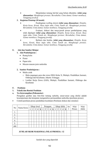 Eka Chandra Satria, M.Pd
• Menjelaskan tentang hal-hal yang belum diketahui. (nilai yang
ditanamkan: Menghargai prestasi, Bersahabat, Cinta damai, Gemar membaca,
Tanggung jawab,);
3. Kegiatan Penutup (10 menit)
• Pendinginan (colling down) (nilai yang ditanamkan: Disiplin,
Kerja keras, Kreati, Rasa ingin tahu, Cinta Tanah air, Menghargai prestasi,
Bersahabat, Cinta damai, Gemar membaca, Tanggung jawab);
• Evaluasi, diskusi dan tanya-jawab proses pembelajaran yang
telah dipelajari (nilai yang ditanamkan: Disiplin, Kerja keras, Kreati, Rasa
ingin tahu, Cinta Tanah air, Menghargai prestasi, Bersahabat, Cinta damai,
Gemar membaca, Tanggung jawab);
• Berbaris dan berdoa. (nilai yang ditanamkan: Disiplin, Kerja
keras, Kreati, Rasa ingin tahu, Cinta Tanah air, Menghargai prestasi,
Bersahabat, Cinta damai, Gemar membaca, Tanggung jawab);
E. Alat dan Sumber Belajar
1. Alat Pembelajaran :
• Ruang kelas
• Poster
• Papan tulis
• Macam-macam jenis narkotika
2. Sumber Pembelajaran :
• Media cetak
o Buku pegangan guru dan siswa SMA Kelas X, Muhajir, Pendidikan Jasmani,
Olahraga dan Kesehatan, Jakarta: Erlangga.
o Lembar Kerja Siswa (LKS), Muhajir, Pendidikan Jasmani, Olahraga dan
Kesehatan
F. Penilaian
1. Teknik dan Bentuk Penilaian
a. Tes Keterampilan (Psikomotor)
Peragakan gambar atau foto-foto tentang narkoba, unsur-unsur yang dinilai adalah
kesempurnaan dan ketepatan menganalisis permasalahan narkotika (penilaian proses).
• Contoh penilaian proses pendidikan kesehatan (Penilaian diskusi dan simulasi)
No Nama Siswa
Sikap Awal Peragaan Sikap Akhir Jm
l
Nilai
Proses
Nilai
Akhir1 2 3 4 Σ 1 2 3 4 Σ 1 2 3 4 Σ
1.
2.
3.
4.
5.
dsb
JUMLAH SKOR MAKSIMAL (NILAI PROSES) : 12
Jumlah skor yang diperoleh
102
 