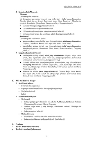 Eka Chandra Satria, M.Pd
2. Kegiatan Inti (70 menit)
Elaborasi
Dalam kegiatan elaborasi,
Uji kompetensi permainan bolavoli yang terdiri dari : (nilai yang ditanamkan:
Disiplin, Kerja keras, Kreati, Rasa ingin tahu, Cinta Tanah air, Menghargai
prestasi, Bersahabat, Cinta damai, Gemar membaca, Tanggung jawab);
• Uji kompetensi passing permainan bolavoli
• Uji kompetensi servis permainan bolavoli
• Uji kompetensi smash tanpa awalan permainan bolavoli
• Uji kompetensi variasi dan kombinasi teknik dasar permainan bolavoli
Konfirmasi
Dalam kegiatan konfirmasi, Siswa:
• Menyimpulkan tentang hal-hal yang belum diketahui (nilai yang ditanamkan:
Disiplin, Kerja keras, Kreati, Rasa ingin tahu, Cinta Tanah air.);
• Menjelaskan tentang hal-hal yang belum diketahui. (nilai yang ditanamkan:
Menghargai prestasi, Bersahabat, Cinta damai, Gemar membaca, Tanggung
jawab,);
3. Kegiatan Penutup (10 menit)
• Pendinginan (colling down) (nilai yang ditanamkan: Disiplin, Kerja keras,
Kreati, Rasa ingin tahu, Cinta Tanah air, Menghargai prestasi, Bersahabat,
Cinta damai, Gemar membaca, Tanggung jawab);
• Evaluasi, diskusi dan tanya-jawab proses pembelajaran yang telah dipelajari
(nilai yang ditanamkan: Disiplin, Kerja keras, Kreati, Rasa ingin tahu, Cinta
Tanah air, Menghargai prestasi, Bersahabat, Cinta damai, Gemar membaca,
Tanggung jawab);
• Berbaris dan berdoa. (nilai yang ditanamkan: Disiplin, Kerja keras, Kreati,
Rasa ingin tahu, Cinta Tanah air, Menghargai prestasi, Bersahabat, Cinta
damai, Gemar membaca, Tanggung jawab);
E. Alat dan Sumber Belajar
1. Alat Pembelajaran :
• Bola voli atau sejenisnya
• Lapangan permainan bolavoli atau lapangan sejenisnya
• Net/jaring bolavoli
• Peluit
2. Sumber Pembelajaran :
• Media cetak
o Buku pegangan guru dan siswa SMA Kelas X, Muhajir, Pendidikan Jasmani,
Olahraga dan Kesehatan, Jakarta: Erlangga.
o Lembar Kerja Siswa (LKS), Muhajir, Pendidikan Jasmani, Olahraga dan
Kesehatan
o Buku permainan bolavoli
• Media elektronik
o Audio/video visual teknik dasar permainan bolavoli
o Rekaman/cuplikan pertandingan bolavoli (liga bolavoli)
F. Penilaian
1. Teknik dan Bentuk Penilaian
a. Tes Keterampilan (Psikomotor)
12
 
