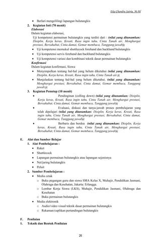 Eka Chandra Satria, M.Pd
• Berlari mengelilingi lapangan bulutangkis
2. Kegiatan Inti (70 menit)
Elaborasi
Dalam kegiatan elaborasi,
Uji kompetensi permainan bulutangkis yang terdiri dari : (nilai yang ditanamkan:
Disiplin, Kerja keras, Kreati, Rasa ingin tahu, Cinta Tanah air, Menghargai
prestasi, Bersahabat, Cinta damai, Gemar membaca, Tanggung jawab);
• Uji kompetensi memukul shuttlecock forehand dan backhand bulutangkis
• Uji kompetensi servis forehand dan backhand bulutangkis
• Uji kompetensi variasi dan kombinasi teknik dasar permainan bulutangkis
Konfirmasi
Dalam kegiatan konfirmasi, Siswa:
• Menyimpulkan tentang hal-hal yang belum diketahui (nilai yang ditanamkan:
Disiplin, Kerja keras, Kreati, Rasa ingin tahu, Cinta Tanah air.);
• Menjelaskan tentang hal-hal yang belum diketahui. (nilai yang ditanamkan:
Menghargai prestasi, Bersahabat, Cinta damai, Gemar membaca, Tanggung
jawab,);
3. Kegiatan Penutup (10 menit)
• Pendinginan (colling down) (nilai yang ditanamkan: Disiplin,
Kerja keras, Kreati, Rasa ingin tahu, Cinta Tanah air, Menghargai prestasi,
Bersahabat, Cinta damai, Gemar membaca, Tanggung jawab);
• Evaluasi, diskusi dan tanya-jawab proses pembelajaran yang
telah dipelajari (nilai yang ditanamkan: Disiplin, Kerja keras, Kreati, Rasa
ingin tahu, Cinta Tanah air, Menghargai prestasi, Bersahabat, Cinta damai,
Gemar membaca, Tanggung jawab);
• Berbaris dan berdoa (nilai yang ditanamkan: Disiplin, Kerja
keras, Kreati, Rasa ingin tahu, Cinta Tanah air, Menghargai prestasi,
Bersahabat, Cinta damai, Gemar membaca, Tanggung jawab);
E. Alat dan Sumber Belajar
1. Alat Pembelajaran :
• Raket
• Shuttlecock
• Lapangan permainan bulutangkis atau lapangan sejenisnya
• Net/jaring bulutangkis
• Peluit
2. Sumber Pembelajaran :
• Media cetak
o Buku pegangan guru dan siswa SMA Kelas X, Muhajir, Pendidikan Jasmani,
Olahraga dan Kesehatan, Jakarta: Erlangga.
o Lembar Kerja Siswa (LKS), Muhajir, Pendidikan Jasmani, Olahraga dan
Kesehatan
o Buku permainan bulutangkis
• Media elektronik
o Audio/video visual teknik dasar permainan bulutangkis
o Rekaman/cuplikan pertandingan bulutangkis
F. Penilaian
1. Teknik dan Bentuk Penilaian
26
 