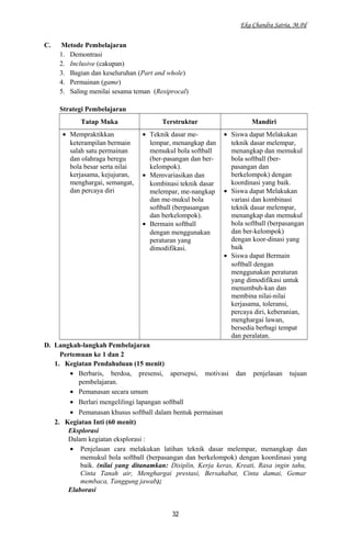 Eka Chandra Satria, M.Pd
C. Metode Pembelajaran
1. Demontrasi
2. Inclusive (cakupan)
3. Bagian dan keseluruhan (Part and whole)
4. Permainan (game)
5. Saling menilai sesama teman (Resiprocal)
Strategi Pembelajaran
Tatap Muka Terstruktur Mandiri
• Mempraktikkan
keterampilan bermain
salah satu permainan
dan olahraga beregu
bola besar serta nilai
kerjasama, kejujuran,
menghargai, semangat,
dan percaya diri
• Teknik dasar me-
lempar, menangkap dan
memukul bola softball
(ber-pasangan dan ber-
kelompok).
• Memvariasikan dan
kombinasi teknik dasar
melempar, me-nangkap
dan me-mukul bola
softball (berpasangan
dan berkelompok).
• Bermain softball
dengan menggunakan
peraturan yang
dimodifikasi.
• Siswa dapat Melakukan
teknik dasar melempar,
menangkap dan memukul
bola softball (ber-
pasangan dan
berkelompok) dengan
koordinasi yang baik.
• Siswa dapat Melakukan
variasi dan kombinasi
teknik dasar melempar,
menangkap dan memukul
bola softball (berpasangan
dan ber-kelompok)
dengan koor-dinasi yang
baik
• Siswa dapat Bermain
softball dengan
menggunakan peraturan
yang dimodifikasi untuk
menumbuh-kan dan
membina nilai-nilai
kerjasama, toleransi,
percaya diri, keberanian,
menghargai lawan,
bersedia berbagi tempat
dan peralatan.
D. Langkah-langkah Pembelajaran
Pertemuan ke 1 dan 2
1. Kegiatan Pendahuluan (15 menit)
• Berbaris, berdoa, presensi, apersepsi, motivasi dan penjelasan tujuan
pembelajaran.
• Pemanasan secara umum
• Berlari mengelilingi lapangan softball
• Pemanasan khusus softball dalam bentuk permainan
2. Kegiatan Inti (60 menit)
Eksplorasi
Dalam kegiatan eksplorasi :
• Penjelasan cara melakukan latihan teknik dasar melempar, menangkap dan
memukul bola softball (berpasangan dan berkelompok) dengan koordinasi yang
baik. (nilai yang ditanamkan: Disiplin, Kerja keras, Kreati, Rasa ingin tahu,
Cinta Tanah air, Menghargai prestasi, Bersahabat, Cinta damai, Gemar
membaca, Tanggung jawab);
Elaborasi
32
 