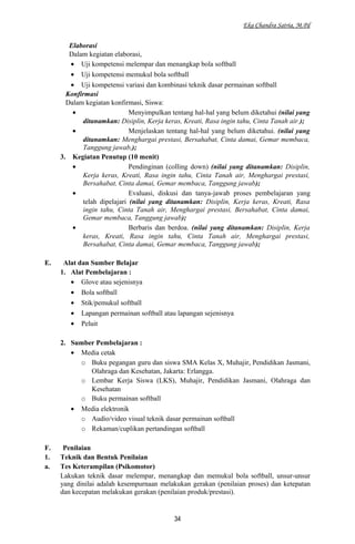Eka Chandra Satria, M.Pd
Elaborasi
Dalam kegiatan elaborasi,
• Uji kompetensi melempar dan menangkap bola softball
• Uji kompetensi memukul bola softball
• Uji kompetensi variasi dan kombinasi teknik dasar permainan softball
Konfirmasi
Dalam kegiatan konfirmasi, Siswa:
• Menyimpulkan tentang hal-hal yang belum diketahui (nilai yang
ditanamkan: Disiplin, Kerja keras, Kreati, Rasa ingin tahu, Cinta Tanah air.);
• Menjelaskan tentang hal-hal yang belum diketahui. (nilai yang
ditanamkan: Menghargai prestasi, Bersahabat, Cinta damai, Gemar membaca,
Tanggung jawab,);
3. Kegiatan Penutup (10 menit)
• Pendinginan (colling down) (nilai yang ditanamkan: Disiplin,
Kerja keras, Kreati, Rasa ingin tahu, Cinta Tanah air, Menghargai prestasi,
Bersahabat, Cinta damai, Gemar membaca, Tanggung jawab);
• Evaluasi, diskusi dan tanya-jawab proses pembelajaran yang
telah dipelajari (nilai yang ditanamkan: Disiplin, Kerja keras, Kreati, Rasa
ingin tahu, Cinta Tanah air, Menghargai prestasi, Bersahabat, Cinta damai,
Gemar membaca, Tanggung jawab);
• Berbaris dan berdoa. (nilai yang ditanamkan: Disiplin, Kerja
keras, Kreati, Rasa ingin tahu, Cinta Tanah air, Menghargai prestasi,
Bersahabat, Cinta damai, Gemar membaca, Tanggung jawab);
E. Alat dan Sumber Belajar
1. Alat Pembelajaran :
• Glove atau sejenisnya
• Bola softball
• Stik/pemukul softball
• Lapangan permainan softball atau lapangan sejenisnya
• Peluit
2. Sumber Pembelajaran :
• Media cetak
o Buku pegangan guru dan siswa SMA Kelas X, Muhajir, Pendidikan Jasmani,
Olahraga dan Kesehatan, Jakarta: Erlangga.
o Lembar Kerja Siswa (LKS), Muhajir, Pendidikan Jasmani, Olahraga dan
Kesehatan
o Buku permainan softball
• Media elektronik
o Audio/video visual teknik dasar permainan softball
o Rekaman/cuplikan pertandingan softball
F. Penilaian
1. Teknik dan Bentuk Penilaian
a. Tes Keterampilan (Psikomotor)
Lakukan teknik dasar melempar, menangkap dan memukul bola softball, unsur-unsur
yang dinilai adalah kesempurnaan melakukan gerakan (penilaian proses) dan ketepatan
dan kecepatan melakukan gerakan (penilaian produk/prestasi).
34
 