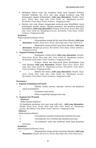 Eka Chandra Satria, M.Pd
• Melakukan latihan variasi dan kombinasi teknik dasar memukul forehand,
memukul backhand, dan servis tenis meja dengan koordinasi yang baik
(berpasangan maupun berkelompok). (nilai yang ditanamkan: Disiplin, Kerja
keras, Kreati, Rasa ingin tahu, Cinta Tanah air, Menghargai prestasi,
Bersahabat, Cinta damai, Gemar membaca, Tanggung jawab);
• Bermain tenis meja dengan menggunakan peraturan yang dimodifikasi secara
berkelompok (jumlah pemain, lapangan permainan, dan peraturan permainan
dimodifikasi). (nilai yang ditanamkan: Disiplin, Kerja keras, Kreati, Rasa ingin
tahu, Cinta Tanah air, Menghargai prestasi, Bersahabat, Cinta damai, Gemar
membaca, Tanggung jawab);
Konfirmasi
Dalam kegiatan konfirmasi, Siswa:
• Menyimpulkan tentang hal-hal yang belum diketahui (nilai yang
ditanamkan: Disiplin, Kerja keras, Kreati, Rasa ingin tahu, Cinta Tanah air.);
• Menjelaskan tentang hal-hal yang belum diketahui. (nilai yang
ditanamkan: Menghargai prestasi, Bersahabat, Cinta damai, Gemar membaca,
Tanggung jawab,);
3. Kegiatan Penutup (10 menit)
• Pendinginan (colling down) (nilai yang ditanamkan: Disiplin,
Kerja keras, Kreati, Rasa ingin tahu, Cinta Tanah air, Menghargai prestasi,
Bersahabat, Cinta damai, Gemar membaca, Tanggung jawab);
• Evaluasi, diskusi dan tanya-jawab proses pembelajaran yang
telah dipelajari (nilai yang ditanamkan: Disiplin, Kerja keras, Kreati, Rasa
ingin tahu, Cinta Tanah air, Menghargai prestasi, Bersahabat, Cinta damai,
Gemar membaca, Tanggung jawab);
• Berbaris dan berdoa. (nilai yang ditanamkan: Disiplin, Kerja
keras, Kreati, Rasa ingin tahu, Cinta Tanah air, Menghargai prestasi,
Bersahabat, Cinta damai, Gemar membaca, Tanggung jawab);
Pertemuan 2
1. Kegiatan Pendahuluan (10 menit)
• Berbaris, berdoa, presensi, apersepsi, motivasi dan penjelasan
tujuan uji kompetensi.
• Pemanasan secara umum
• Berlari mengelilingi lapangan tenis meja
2. Kegiatan Inti (70 menit)
Eksplorasi
Dalam kegiatan eksplorasi :
Uji kompetensi permainan tenis meja yang terdiri dari : (nilai yang ditanamkan:
Disiplin, Kerja keras, Kreati, Rasa ingin tahu, Cinta Tanah air, Menghargai
prestasi, Bersahabat, Cinta damai, Gemar membaca, Tanggung jawab);
Elaborasi
Dalam kegiatan elaborasi,
• Uji kompetensi memukul forehand dan backhand tenis meja
• Uji kompetensi servis forehand dan backhand tenis meja
• Uji kompetensi variasi dan kombinasi teknik dasar permainan
tenis meja
Konfirmasi
Dalam kegiatan konfirmasi, Siswa:
• Menyimpulkan tentang hal-hal yang belum diketahui (nilai yang
ditanamkan: Disiplin, Kerja keras, Kreati, Rasa ingin tahu, Cinta Tanah air.);
41
 