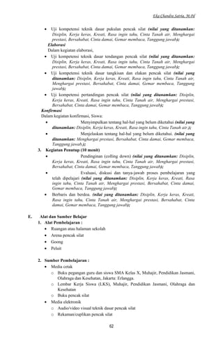 Eka Chandra Satria, M.Pd
• Uji kompetensi teknik dasar pukulan pencak silat (nilai yang ditanamkan:
Disiplin, Kerja keras, Kreati, Rasa ingin tahu, Cinta Tanah air, Menghargai
prestasi, Bersahabat, Cinta damai, Gemar membaca, Tanggung jawab);
Elaborasi
Dalam kegiatan elaborasi,
• Uji kompetensi teknik dasar tendangan pencak silat (nilai yang ditanamkan:
Disiplin, Kerja keras, Kreati, Rasa ingin tahu, Cinta Tanah air, Menghargai
prestasi, Bersahabat, Cinta damai, Gemar membaca, Tanggung jawab);
• Uji kompetensi teknik dasar tangkisan dan elakan pencak silat (nilai yang
ditanamkan: Disiplin, Kerja keras, Kreati, Rasa ingin tahu, Cinta Tanah air,
Menghargai prestasi, Bersahabat, Cinta damai, Gemar membaca, Tanggung
jawab);
• Uji kompetensi pertandingan pencak silat (nilai yang ditanamkan: Disiplin,
Kerja keras, Kreati, Rasa ingin tahu, Cinta Tanah air, Menghargai prestasi,
Bersahabat, Cinta damai, Gemar membaca, Tanggung jawab);
Konfirmasi
Dalam kegiatan konfirmasi, Siswa:
• Menyimpulkan tentang hal-hal yang belum diketahui (nilai yang
ditanamkan: Disiplin, Kerja keras, Kreati, Rasa ingin tahu, Cinta Tanah air.);
• Menjelaskan tentang hal-hal yang belum diketahui. (nilai yang
ditanamkan: Menghargai prestasi, Bersahabat, Cinta damai, Gemar membaca,
Tanggung jawab,);
3. Kegiatan Penutup (10 menit)
• Pendinginan (colling down) (nilai yang ditanamkan: Disiplin,
Kerja keras, Kreati, Rasa ingin tahu, Cinta Tanah air, Menghargai prestasi,
Bersahabat, Cinta damai, Gemar membaca, Tanggung jawab);
• Evaluasi, diskusi dan tanya-jawab proses pembelajaran yang
telah dipelajari (nilai yang ditanamkan: Disiplin, Kerja keras, Kreati, Rasa
ingin tahu, Cinta Tanah air, Menghargai prestasi, Bersahabat, Cinta damai,
Gemar membaca, Tanggung jawab);
• Berbaris dan berdoa. (nilai yang ditanamkan: Disiplin, Kerja keras, Kreati,
Rasa ingin tahu, Cinta Tanah air, Menghargai prestasi, Bersahabat, Cinta
damai, Gemar membaca, Tanggung jawab);
E. Alat dan Sumber Belajar
1. Alat Pembelajaran :
• Ruangan atau halaman sekolah
• Arena pencak silat
• Goong
• Peluit
2. Sumber Pembelajaran :
• Media cetak
o Buku pegangan guru dan siswa SMA Kelas X, Muhajir, Pendidikan Jasmani,
Olahraga dan Kesehatan, Jakarta: Erlangga.
o Lembar Kerja Siswa (LKS), Muhajir, Pendidikan Jasmani, Olahraga dan
Kesehatan
o Buku pencak silat
• Media elektronik
o Audio/video visual teknik dasar pencak silat
o Rekaman/cuplikan pencak silat
62
 