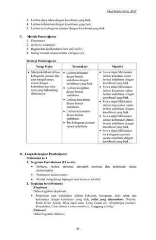 Eka Chandra Satria, M.Pd
3. Latihan daya tahan dengan koordinasi yang baik.
4. Latihan kelentukan dengan koordinasi yang baik.
5. Latihan tes kebugaran jasmani dengan koordinasi yang baik.
C. Metode Pembelajaran
1. Demontrasi
2. Inclusive (cakupan)
3. Bagian dan keseluruhan (Part and whole)
4. Saling menilai sesama teman (Resiprocal)
Strategi Pembelajaran
Tatap Muka Terstruktur Mandiri
• Mempraktikkan latihan
kebugaran jasmani dan
cara mengukurnya
sesuai dengan
kebutuhan dan nilai-
nilai yang terkandung
didalamnya
• Latihan kekuatan
dalam bentuk
sederhana dengan
koordinasi yang baik.
• Latihan kecepatan
dalam bentuk
sederhana.
• Latihan daya tahan
dalam bentuk
sederhana.
• Latihan kelentukan
dalam bentuk
sederhana.
• Tes kebugaran jasmani
secara sederhana
• Siswa dapat Melakukan
latihan kekuatan dalam
bentuk sederhana dengan
koordinasi yang baik.
• Siswa dapat Melakukan
latihan kecepatan dalam
bentuk sederhana dengan
koordinasi yang baik.
• Siswa dapat Melakukan
latihan daya tahan dalam
bentuk sederhana dengan
koordinasi yang baik.
• Siswa dapat Melakukan
latihan kelentukan dalam
bentuk sederhana dengan
koordinasi yang baik.
• Siswa dapat Melakukan
tes kebugaran jasmani
secara sederhana dengan
koordinasi yang baik.
D. Langkah-langkah Pembelajaran
Pertemuan ke 1
1. Kegiatan Pendahuluan (15 menit)
• Berbaris, berdoa, presensi, apersepsi, motivasi dan penjelasan tujuan
pembelajaran.
• Pemanasan secara umum
• Berlari mengelilingi lapangan atau halaman sekolah
2. Kegiatan Inti (60 menit)
Eksplorasi
Dalam kegiatan eksplorasi :
• Penjelasan cara melakukan latihan kekuatan, kecepatan, daya tahan dan
kelentukan dengan koordinasi yang baik. (nilai yang ditanamkan: Disiplin,
Kerja keras, Kreati, Rasa ingin tahu, Cinta Tanah air, Menghargai prestasi,
Bersahabat, Cinta damai, Gemar membaca, Tanggung jawab);
Elaborasi
Dalam kegiatan elaborasi,
67
 