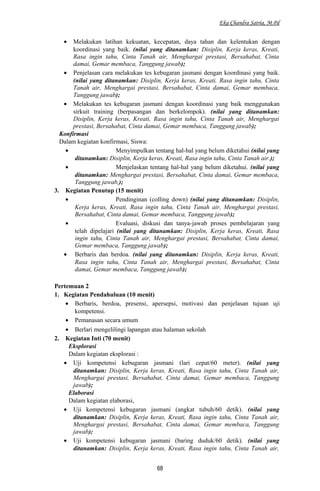 Eka Chandra Satria, M.Pd
• Melakukan latihan kekuatan, kecepatan, daya tahan dan kelentukan dengan
koordinasi yang baik. (nilai yang ditanamkan: Disiplin, Kerja keras, Kreati,
Rasa ingin tahu, Cinta Tanah air, Menghargai prestasi, Bersahabat, Cinta
damai, Gemar membaca, Tanggung jawab);
• Penjelasan cara melakukan tes kebugaran jasmani dengan koordinasi yang baik.
(nilai yang ditanamkan: Disiplin, Kerja keras, Kreati, Rasa ingin tahu, Cinta
Tanah air, Menghargai prestasi, Bersahabat, Cinta damai, Gemar membaca,
Tanggung jawab);
• Melakukan tes kebugaran jasmani dengan koordinasi yang baik menggunakan
sirkuit training (berpasangan dan berkelompok). (nilai yang ditanamkan:
Disiplin, Kerja keras, Kreati, Rasa ingin tahu, Cinta Tanah air, Menghargai
prestasi, Bersahabat, Cinta damai, Gemar membaca, Tanggung jawab);
Konfirmasi
Dalam kegiatan konfirmasi, Siswa:
• Menyimpulkan tentang hal-hal yang belum diketahui (nilai yang
ditanamkan: Disiplin, Kerja keras, Kreati, Rasa ingin tahu, Cinta Tanah air.);
• Menjelaskan tentang hal-hal yang belum diketahui. (nilai yang
ditanamkan: Menghargai prestasi, Bersahabat, Cinta damai, Gemar membaca,
Tanggung jawab,);
3. Kegiatan Penutup (15 menit)
• Pendinginan (colling down) (nilai yang ditanamkan: Disiplin,
Kerja keras, Kreati, Rasa ingin tahu, Cinta Tanah air, Menghargai prestasi,
Bersahabat, Cinta damai, Gemar membaca, Tanggung jawab);
• Evaluasi, diskusi dan tanya-jawab proses pembelajaran yang
telah dipelajari (nilai yang ditanamkan: Disiplin, Kerja keras, Kreati, Rasa
ingin tahu, Cinta Tanah air, Menghargai prestasi, Bersahabat, Cinta damai,
Gemar membaca, Tanggung jawab);
• Berbaris dan berdoa. (nilai yang ditanamkan: Disiplin, Kerja keras, Kreati,
Rasa ingin tahu, Cinta Tanah air, Menghargai prestasi, Bersahabat, Cinta
damai, Gemar membaca, Tanggung jawab);
Pertemuan 2
1. Kegiatan Pendahuluan (10 menit)
• Berbaris, berdoa, presensi, apersepsi, motivasi dan penjelasan tujuan uji
kompetensi.
• Pemanasan secara umum
• Berlari mengelilingi lapangan atau halaman sekolah
2. Kegiatan Inti (70 menit)
Eksplorasi
Dalam kegiatan eksplorasi :
• Uji kompetensi kebugaran jasmani (lari cepat/60 meter). (nilai yang
ditanamkan: Disiplin, Kerja keras, Kreati, Rasa ingin tahu, Cinta Tanah air,
Menghargai prestasi, Bersahabat, Cinta damai, Gemar membaca, Tanggung
jawab);
Elaborasi
Dalam kegiatan elaborasi,
• Uji kompetensi kebugaran jasmani (angkat tubuh/60 detik). (nilai yang
ditanamkan: Disiplin, Kerja keras, Kreati, Rasa ingin tahu, Cinta Tanah air,
Menghargai prestasi, Bersahabat, Cinta damai, Gemar membaca, Tanggung
jawab);
• Uji kompetensi kebugaran jasmani (baring duduk/60 detik). (nilai yang
ditanamkan: Disiplin, Kerja keras, Kreati, Rasa ingin tahu, Cinta Tanah air,
68
 