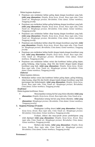 Eka Chandra Satria, M.Pd
Dalam kegiatan eksplorasi :
• Penjelasan cara melakukan latihan guling depan dengan koordinasi yang baik.
(nilai yang ditanamkan: Disiplin, Kerja keras, Kreati, Rasa ingin tahu, Cinta
Tanah air, Menghargai prestasi, Bersahabat, Cinta damai, Gemar membaca,
Tanggung jawab);
• Penjelasan cara melakukan latihan guling belakang dengan koordinasi yang baik.
(nilai yang ditanamkan: Disiplin, Kerja keras, Kreati, Rasa ingin tahu, Cinta
Tanah air, Menghargai prestasi, Bersahabat, Cinta damai, Gemar membaca,
Tanggung jawab);
• Penjelasan cara melakukan latihan sikap kayang dengan koordinasi yang baik.
(nilai yang ditanamkan: Disiplin, Kerja keras, Kreati, Rasa ingin tahu, Cinta
Tanah air, Menghargai prestasi, Bersahabat, Cinta damai, Gemar membaca,
Tanggung jawab);
• Penjelasan cara melakukan latihan sikap lilin dengan koordinasi yang baik. (nilai
yang ditanamkan: Disiplin, Kerja keras, Kreati, Rasa ingin tahu, Cinta Tanah
air, Menghargai prestasi, Bersahabat, Cinta damai, Gemar membaca, Tanggung
jawab);
• Penjelasan cara melakukan latihan berdiri dengan kepala dengan koordinasi yang
baik. (nilai yang ditanamkan: Disiplin, Kerja keras, Kreati, Rasa ingin tahu,
Cinta Tanah air, Menghargai prestasi, Bersahabat, Cinta damai, Gemar
membaca, Tanggung jawab);
• Penjelasan cara melakukan latihan variasi dan kombinasi latihan guling depan,
guling belakang, sikap kayang, sikap lilin dan berdiri dengan kepala dengan
koordinasi yang baik. (nilai yang ditanamkan: Disiplin, Kerja keras, Kreati,
Rasa ingin tahu, Cinta Tanah air, Menghargai prestasi, Bersahabat, Cinta
damai, Gemar membaca, Tanggung jawab);
Elaborasi
Dalam kegiatan elaborasi,
• Melakukan latihan variasi dan kombinasi latihan guling depan, guling belakang,
sikap kayang, sikap lilin dan berdiri dengan kepala dengan koordinasi yang baik
(perorangan dan berkelompok). (nilai yang ditanamkan: Disiplin, Kerja keras,
Kreati, Rasa ingin tahu, Cinta Tanah air, Menghargai prestasi, Bersahabat,
Cinta damai, Gemar membaca, Tanggung jawab);
Konfirmasi
Dalam kegiatan konfirmasi, Siswa:
• Menyimpulkan tentang hal-hal yang belum diketahui (nilai yang
ditanamkan: Disiplin, Kerja keras, Kreati, Rasa ingin tahu, Cinta Tanah air.);
• Menjelaskan tentang hal-hal yang belum diketahui. (nilai yang
ditanamkan: Menghargai prestasi, Bersahabat, Cinta damai, Gemar membaca,
Tanggung jawab,);
3. Kegiatan Penutup (15 menit)
• Pendinginan (colling down) (nilai yang ditanamkan: Disiplin,
Kerja keras, Kreati, Rasa ingin tahu, Cinta Tanah air, Menghargai prestasi,
Bersahabat, Cinta damai, Gemar membaca, Tanggung jawab);
• Evaluasi, diskusi dan tanya-jawab proses pembelajaran yang
telah dipelajari (nilai yang ditanamkan: Disiplin, Kerja keras, Kreati, Rasa
ingin tahu, Cinta Tanah air, Menghargai prestasi, Bersahabat, Cinta damai,
Gemar membaca, Tanggung jawab);
• Berbaris dan berdoa. (nilai yang ditanamkan: Disiplin, Kerja
keras, Kreati, Rasa ingin tahu, Cinta Tanah air, Menghargai prestasi,
Bersahabat, Cinta damai, Gemar membaca, Tanggung jawab);
Pertemuan 2
75
 