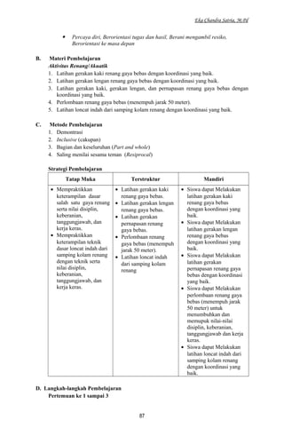 Eka Chandra Satria, M.Pd
 Percaya diri, Berorientasi tugas dan hasil, Berani mengambil resiko,
Berorientasi ke masa depan
B. Materi Pembelajaran
Aktivitas Renang/Akuatik
1. Latihan gerakan kaki renang gaya bebas dengan koordinasi yang baik.
2. Latihan gerakan lengan renang gaya bebas dengan koordinasi yang baik.
3. Latihan gerakan kaki, gerakan lengan, dan pernapasan renang gaya bebas dengan
koordinasi yang baik.
4. Perlombaan renang gaya bebas (menempuh jarak 50 meter).
5. Latihan loncat indah dari samping kolam renang dengan koordinasi yang baik.
C. Metode Pembelajaran
1. Demontrasi
2. Inclusive (cakupan)
3. Bagian dan keseluruhan (Part and whole)
4. Saling menilai sesama teman (Resiprocal)
Strategi Pembelajaran
Tatap Muka Terstruktur Mandiri
• Mempraktikkan
keterampilan dasar
salah satu gaya renang
serta nilai disiplin,
keberanian,
tanggungjawab, dan
kerja keras.
• Mempraktikkan
keterampilan teknik
dasar loncat indah dari
samping kolam renang
dengan teknik serta
nilai disiplin,
keberanian,
tanggungjawab, dan
kerja keras.
• Latihan gerakan kaki
renang gaya bebas.
• Latihan gerakan lengan
renang gaya bebas.
• Latihan gerakan
pernapasan renang
gaya bebas.
• Perlombaan renang
gaya bebas (menempuh
jarak 50 meter).
• Latihan loncat indah
dari samping kolam
renang
• Siswa dapat Melakukan
latihan gerakan kaki
renang gaya bebas
dengan koordinasi yang
baik.
• Siswa dapat Melakukan
latihan gerakan lengan
renang gaya bebas
dengan koordinasi yang
baik.
• Siswa dapat Melakukan
latihan gerakan
pernapasan renang gaya
bebas dengan koordinasi
yang baik.
• Siswa dapat Melakukan
perlombaan renang gaya
bebas (menempuh jarak
50 meter) untuk
menumbuhkan dan
memupuk nilai-nilai
disiplin, keberanian,
tanggungjawab dan kerja
keras.
• Siswa dapat Melakukan
latihan loncat indah dari
samping kolam renang
dengan koordinasi yang
baik.
D. Langkah-langkah Pembelajaran
Pertemuan ke 1 sampai 3
87
 
