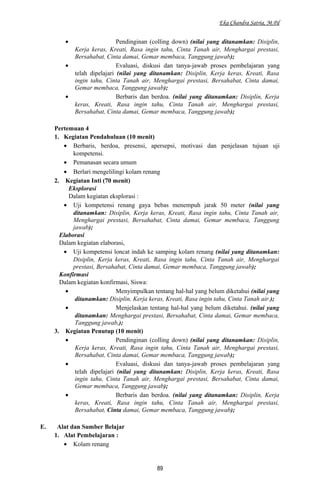 Eka Chandra Satria, M.Pd
• Pendinginan (colling down) (nilai yang ditanamkan: Disiplin,
Kerja keras, Kreati, Rasa ingin tahu, Cinta Tanah air, Menghargai prestasi,
Bersahabat, Cinta damai, Gemar membaca, Tanggung jawab);
• Evaluasi, diskusi dan tanya-jawab proses pembelajaran yang
telah dipelajari (nilai yang ditanamkan: Disiplin, Kerja keras, Kreati, Rasa
ingin tahu, Cinta Tanah air, Menghargai prestasi, Bersahabat, Cinta damai,
Gemar membaca, Tanggung jawab);
• Berbaris dan berdoa. (nilai yang ditanamkan: Disiplin, Kerja
keras, Kreati, Rasa ingin tahu, Cinta Tanah air, Menghargai prestasi,
Bersahabat, Cinta damai, Gemar membaca, Tanggung jawab);
Pertemuan 4
1. Kegiatan Pendahuluan (10 menit)
• Berbaris, berdoa, presensi, apersepsi, motivasi dan penjelasan tujuan uji
kompetensi.
• Pemanasan secara umum
• Berlari mengelilingi kolam renang
2. Kegiatan Inti (70 menit)
Eksplorasi
Dalam kegiatan eksplorasi :
• Uji kompetensi renang gaya bebas menempuh jarak 50 meter (nilai yang
ditanamkan: Disiplin, Kerja keras, Kreati, Rasa ingin tahu, Cinta Tanah air,
Menghargai prestasi, Bersahabat, Cinta damai, Gemar membaca, Tanggung
jawab);
Elaborasi
Dalam kegiatan elaborasi,
• Uji kompetensi loncat indah ke samping kolam renang (nilai yang ditanamkan:
Disiplin, Kerja keras, Kreati, Rasa ingin tahu, Cinta Tanah air, Menghargai
prestasi, Bersahabat, Cinta damai, Gemar membaca, Tanggung jawab);
Konfirmasi
Dalam kegiatan konfirmasi, Siswa:
• Menyimpulkan tentang hal-hal yang belum diketahui (nilai yang
ditanamkan: Disiplin, Kerja keras, Kreati, Rasa ingin tahu, Cinta Tanah air.);
• Menjelaskan tentang hal-hal yang belum diketahui. (nilai yang
ditanamkan: Menghargai prestasi, Bersahabat, Cinta damai, Gemar membaca,
Tanggung jawab,);
3. Kegiatan Penutup (10 menit)
• Pendinginan (colling down) (nilai yang ditanamkan: Disiplin,
Kerja keras, Kreati, Rasa ingin tahu, Cinta Tanah air, Menghargai prestasi,
Bersahabat, Cinta damai, Gemar membaca, Tanggung jawab);
• Evaluasi, diskusi dan tanya-jawab proses pembelajaran yang
telah dipelajari (nilai yang ditanamkan: Disiplin, Kerja keras, Kreati, Rasa
ingin tahu, Cinta Tanah air, Menghargai prestasi, Bersahabat, Cinta damai,
Gemar membaca, Tanggung jawab);
• Berbaris dan berdoa. (nilai yang ditanamkan: Disiplin, Kerja
keras, Kreati, Rasa ingin tahu, Cinta Tanah air, Menghargai prestasi,
Bersahabat, Cinta damai, Gemar membaca, Tanggung jawab);
E. Alat dan Sumber Belajar
1. Alat Pembelajaran :
• Kolam renang
89
 