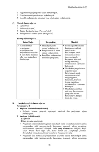 Eka Chandra Satria, M.Pd
1. Kegiatan menjelajah pantai secara berkelompok.
2. Penyelamatan di pantai secara berkelompok.
3. Memilih makanan dan minuman yang sehat secara berkelompok.
C. Metode Pembelajaran
1. Demontrasi
2. Inclusive (cakupan)
3. Bagian dan keseluruhan (Part and whole)
4. Saling menilai sesama teman (Resiprocal)
Strategi Pembelajaran
Tatap Muka Terstruktur Mandiri
• Mempraktikkan
perencanaan
penjelajahan dan
penyelamatan aktivitas
di alam bebas dan nilai-
nilai yang terkandung
didalamnya
• Menjelajah pantai
secara berkelompok.
• Penyelamatan di pantai
secara berkelompok.
• Pemilihan makanan dan
minuman yang sehat.
• Siswa dapat Melakukan
kegiatan menjelajah
pantai secara
berkelompok untuk
menanamkan nilai
tanggungjawab,
kerjasama, toleransi,
tolong menolong,
melaksanakan keputusan
kelompok.
• Melakukan penyelamatan
di pantai secara
berkelompok untuk
menanamkan nilai
tanggungjawab,
kerjasama, toleransi,
tolong menolong,
melaksanakan keputusan
kelompok.
• Melakukan pemilihan
makanan dan minuman
yang sehat secara
berkelompok dengan
tepat dan benar.
D. Langkah-langkah Pembelajaran
Pertemuan ke 1
1. Kegiatan Pendahuluan (15 menit)
• Berbaris, berdoa, presensi, apersepsi, motivasi dan penjelasan tujuan
pembelajaran.
2. Kegiatan Inti (60 menit)
Eksplorasi
Dalam kegiatan eksplorasi :
• Penjelasan cara melakukan kegiatan menjelajah pantai secara berkelompok untuk
menanamkan nilai tanggungjawab, kerjasama, toleransi, tolong menolong,
melaksanakan keputusan kelompok. (nilai yang ditanamkan: Disiplin, Kerja
keras, Kreati, Rasa ingin tahu, Cinta Tanah air, Menghargai prestasi,
Bersahabat, Cinta damai, Gemar membaca, Tanggung jawab);
• Penjelasan cara melakukan penyelamatan di pantai secara berkelompok untuk
menanamkan nilai tanggungjawab, kerjasama, toleransi, tolong menolong,
95
 