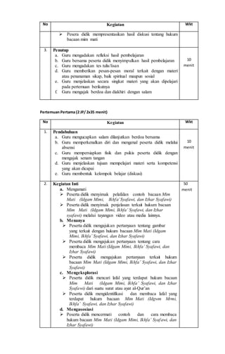 No Kegiatan Wkt
 Pesera didik mempresentasikan hasil diskusi tentang hukum
bacaan mim mati
3. Penutup
a. Guru mengadakan refleksi hasil pembelajaran
b. Guru bersama peserta didik menyimpulkan hasil pembelajaran
c. Guru mengadakan tes tulis/lisan
d. Guru memberikan pesan-pesan moral terkait dengan materi
atau penanaman sikap, baik spiritual maupun sosial
e. Guru menjelaskan secara singkat materi yang akan dipelajari
pada pertemuan berikutnya
f. Guru mengajak berdoa dan diakhiri dengan salam
10
menit
Pertemuan Pertama (2 JP/ 2x35 menit)
No Kegiatan Wkt
1. Pendahuluan
a. Guru mengucapkan salam dilanjutkan berdoa bersama
b. Guru memperkenalkan diri dan mengenal peserta didik melalui
absensi
c. Guru mempersiapkan fisik dan psikis peserta didik dengan
mengajak senam tangan
d. Guru menjelaskan tujuan mempelajari materi serta kompetensi
yang akan dicapai
e. Guru membentuk kelompok belajar (diskusi)
10
menit
2. Kegiatan Inti
a. Mengamati
 Peserta didik menyimak pelafalan contoh bacaan Mim
Mati (Idgam Mimi, Ikhfa’Syafawi, dan Izhar Syafawi)
 Peserta didik menyimak penjelasan terkait hukum bacaan
Mim Mati (Idgam Mimi, Ikhfa’ Syafawi, dan Izhar
syafawi) melalui tayangan video atau media lainnya.
b. Menanya
 Peserta didik mengajukan pertanyaan tentang gambar
yang terkait dengan hukum bacaan Mim Mati (Idgam
Mimi, Ikhfa’ Syafawi, dan Izhar Syafawi)
 Peserta didik mengajukan pertanyaan tentang cara
membaca Mim Mati (Idgam Mimi, Ikhfa’ Syafawi, dan
Izhar Syafawi)
 Peserta didik mengajukan pertanyaan terkait hukum
bacaan Mim Mati (Idgam Mimi, Ikhfa’ Syafawi, dan Izhar
Syafawi)
c. Mengeksplorasi
 Peserta didik mencari lafal yang terdapat hukum bacaan
Mim Mati (Idgam Mimi, Ikhfa’ Syafawi, dan Izhar
Syafawi) dari suatu surat atau ayat al-Qur’an
 Peserta didik mengidentifikasi dan membaca lafal yang
terdapat hukum bacaan Mim Mati (Idgwm Mrmi,
Ikhfa’ Syafawi, dan Izhar Syafawi)
d. Mengasosiasi
 Peserta didik mencermati contoh dan cara membaca
hukum bacaan Mim Mati (Idgam Mimi, Ikhfa’ Syafawi, dan
Izhar Syafawi)
50
menit
 