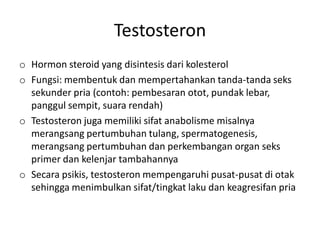 Testosteron
o Hormon steroid yang disintesis dari kolesterol
o Fungsi: membentuk dan mempertahankan tanda-tanda seks
  sekunder pria (contoh: pembesaran otot, pundak lebar,
  panggul sempit, suara rendah)
o Testosteron juga memiliki sifat anabolisme misalnya
  merangsang pertumbuhan tulang, spermatogenesis,
  merangsang pertumbuhan dan perkembangan organ seks
  primer dan kelenjar tambahannya
o Secara psikis, testosteron mempengaruhi pusat-pusat di otak
  sehingga menimbulkan sifat/tingkat laku dan keagresifan pria
 