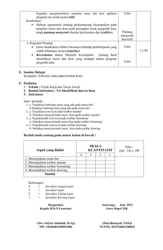 kegiatan mengidentifikasi tampilan menu dan ikon aplikasi             Teliti
            program ms.word secara teliti.
     Konfirmasi :
        • Mebuat agumentasi tentang pelajaranyang disampaikan pada
            tampilan menu dan ikon pada perangkat lunak pengolah kata,
            tanpa pantang menyerah disertai kecermatan dan ketelitian.          Pantang
                                                                                menyerah
                                                                                dan teliti
     3. Kegiatan Penutup
         • Guru melakukan refleksi bersama terhadap pembelajaran yang             Teliti
            sudah dilakukan secara terperinci.                                                   1 x 40
         • Kecermatan dalam Menarik kesimpulan          tentang hasil
            identifikasi menu dan ikon yang terdapat dalam program
            pengolah kata                                                         Teliti


E. Sumber Belajar
   Komputer, Software, buku paket,lembar kerja

F. Penilaian
   1. Teknik : Unjuk Kerja dan Tanya Jawab
   2. Bentuk Instrumen : Tes Identifikasi dan tes lisan
   3. Instrumen

   Soal / perintah :
     1. a. Tunjukkan beberapa menu yang ada pada menu bar!
        b.Sebutkan beberapa ikon yang ada pada menu bar!
     2. a. Tunjukkan icon-icon pada toolbar standar!
        b. Sebutkan nama perintah menu ikon pada toolbar standar!
     3. a. Tunjukkanlah icon-icon pada toolbar formating!
        b. Sebutkan nama perintah menu ikon pada toolbar formating!
     4. a. Tunjukkanlah icon-icon pada toolbar drawing!
        b. Sebutkan nama perintah menu ikon pada toolbar drawing

   Berilah tanda centang pada nomor kolom di bawah !


                                                        SKALA                      Nilai :
             Aspek yang dinilai                        KUANTITATIF             (jml /16) x 100
                                                 4      3       2       1
    1. Menunjukkan menu bar
    2. Menunjukkan toolbar standar
    3. Menunjukkan toolbar formatting
    4. Menunjukkan toolbar drawing
                 Jumlah

       Keterangan :
       4      =     Jawaban sangat tepat
       3      =     Jawaban tepat
       2      =     Jawaban Cukup tepat
       1      =     Jawaban Kurang tepat

                     Mengetahui,                                    Sariwangi , Juni 2012
                Kepala MTs.N Leuwisari                                 Guru Mapel TIK.



             ( Drs. Sofyan Abdullah, M.Ag)                       (Deni Riansyah, S.Pd.I)
               NIP. 196204041985031006                          NUPTK. 8433760661200042
 