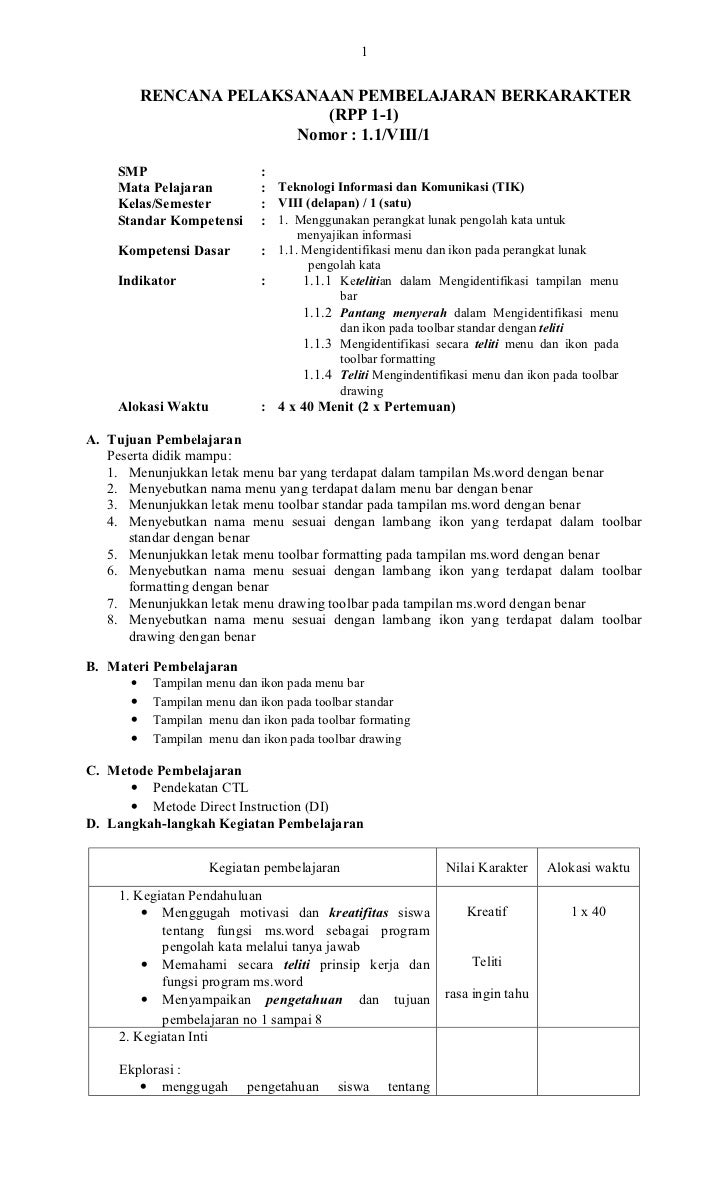 Rpp Tik Berkarakter Kelas 8 Sem I1 1