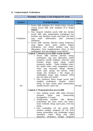 H. Langkah-langkah Pembelajaran
Pertemuan 1 (Pertama) (3 Jam Pelajaran/120 menit)
Kegiatan Deskripsi Kegiatan
Alokasi
waktu
Pendahuluan
1. Peserta didik melakukan do’a sebelum belajar (meminta
seorang peserta didik untuk memimpin do’a) dengan
khidmat
2. Guru mengecek kehadiran peserta didik dan meminta
peserta didik untuk mempersiapkan perlengkapan dan
peralatan yang diperlukan berupa uang logam dan dadu
yang sudah diinformasikan pada pertemuan
sebelumnya.
3. Peserta didik menerima informasi tentang kompetensi,
ruang lingkup materi, tujuan, manfaat, langkah
pembelajaran, dan metode penilaian yang akan
dilaksanakan. Serta menginformasikan bahwa di akhir
pembelajaran akan ada penugasan secara individu.
15 menit
Inti
Langkah 1. Orientasi peserta didik kepada masalah
1. Peserta didik menerima informasi tentang
pembelajaran yang akan dilaksanakan melalui
pemaparan masalah kehidupan sehari-hari yang
berkaitan dengan volume tabung. (contoh
pemaparan masalah : “Dalam kehidupan sehari-
hari apakah kalian sering menggunakan benda-
benda yang menyerupai tabung? Misalnya
seperti gelas, gayung, dan lain-lain. Untuk
mengisi teko berukuran 1 liter dengan air,
membutuhkan berapa gelas berukuran 300ml
agar teko dapat terisi penuh?”
2. Guru memotivasi bahwa dengan peserta didik
mengikuti pembelajaran mengenai volume
tabung ini maka mereka dapat menyelesaikan
masalah-masalah seperti tadi.
Langkah 2. Mengorganisasikan peserta didik
1. Guru membagi peserta didik dalam beberapa
kelompok diskusi yang masing-masing
beranggotakan 5-6 orang.
2. Masing-masing kelompok telah diberikan
benda/tabung dari kertas karton dan benda-
benda berbentuk tabung seperti gelas, botol dan
kaleng.
3. Guru membagikan LK dan peserta didik
membaca petunjuk, mengamati LK (LK berisi
tentang permasalahan yang berhubungan dengan
menentukan volume tabung yang sudah
dipaparkan sebelumnya) sekaligus mengamati
80 menit
 