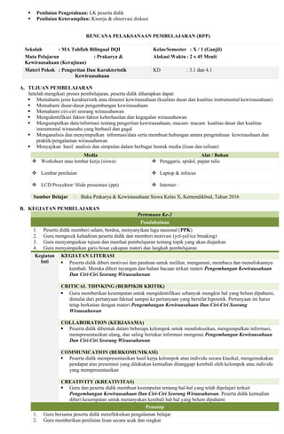 RPP 1. Semester 1 prakararya dan kewirausahaan | DOCX