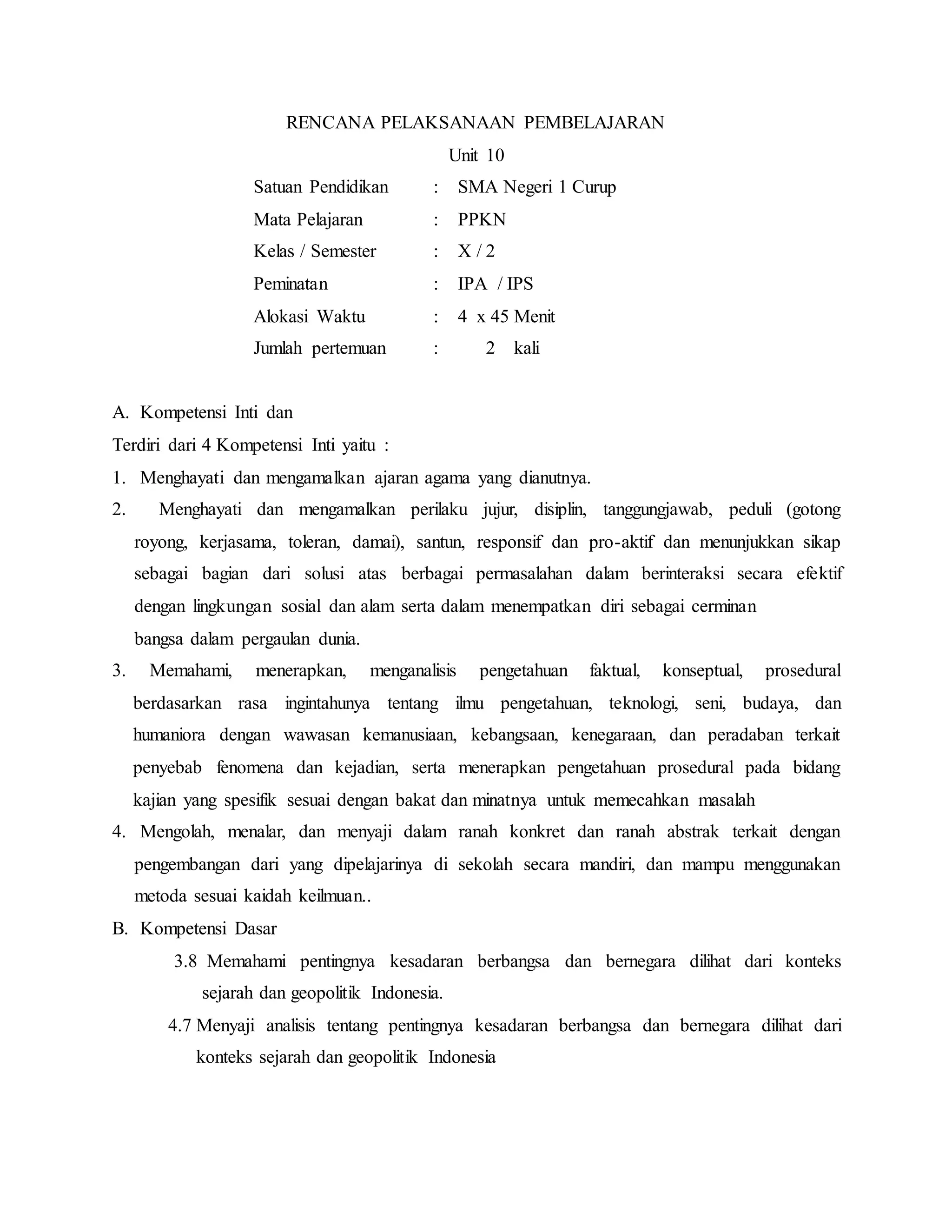 Rpp 10 ppkn sma kls x | PDF
