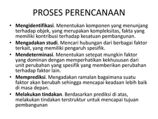 PROSES PERENCANAAN
• Mengidentifikasi. Menentukan komponen yang menunjang
terhadap objek, yang merupakan kompleksitas, fakta yang
memiliki kontribusi terhadap kesatuan pembangunan.
• Mengadakan studi. Mencari hubungan dari berbagai faktor
terkait, yang memiliki pengaruh spesifik.
• Mendeterminasi. Menentukan setepat mungkin faktor
yang dominan dengan memperhatikan kekhususan dari
unit perubahan yang spesifik yang memberikan perubahan
terhadap faktor lain.
• Memprediksi. Mengadakan ramalan bagaimana suatu
faktor akan berubah sehingga mencapai keadaan lebih baik
di masa depan.
• Melakukan tindakan. Berdasarkan prediksi di atas,
melakukan tindakan terstruktur untuk mencapai tujuan
pembangunan
 