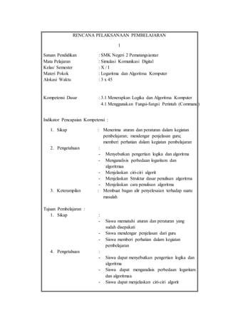 RENCANA PELAKSANAAN PEMBELAJARAN
1
Satuan Pendidikan : SMK Negeri 2 Pematangsiantar
Mata Pelajaran : Simulasi Komunikasi Digital
Kelas/ Semester : X / I
Materi Pokok : Logaritma dan Algoritma Komputer
Alokasi Waktu : 3 x 45
Kompetensi Dasar : 3.1 Menerapkan Logika dan Algoritma Komputer
4.1 Menggunakan Fungsi-fungsi Perintah (Command)
Indikator Pencapaian Kompetensi :
1. Sikap : Menerima aturan dan peraturan dalam kegiatan
pembelajaran; mendengar penjelasan guru;
memberi perhatian dalam kegiatan pembelajaran
2. Pengetahuan :
- Menyebutkan pengertian logika dan algoritma
- Menganalisis perbedaan logaritam dan
algoritmaa
- Menjelaskan ciri-ciri algorit
- Menjelaskan Struktur dasar penulisan algoritma
- Menjelaskan cara penulisan algoritma
3. Keterampilan : Membuat bagan alir penyelesaian terhadap suatu
masalah
Tujuan Pembelajaran :
1. Sikap :
- Siswa mematuhi aturan dan peraturan yang
sudah disepakati
- Siswa mendengar penjelasan dari guru
- Siswa memberi perhatian dalam kegiatan
pembelajaran
4. Pengetahuan :
- Siswa dapat menyebutkan pengertian logika dan
algoritma
- Siswa dapat menganalisis perbedaan logaritam
dan algoritmaa
- Siswa dapat menjelaskan ciri-ciri algorit
 