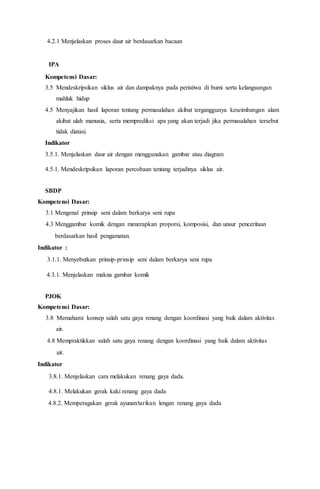 4.2.1 Menjelaskan proses daur air berdasarkan bacaan 
IPA 
Kompetensi Dasar: 
3.5 Mendeskripsikan siklus air dan dampaknya pada peristiwa di bumi serta kelangsungan 
mahluk hidup 
4.5 Menyajikan hasil laporan tentang permasalahan akibat terganggunya keseimbangan alam 
akibat ulah manusia, serta memprediksi apa yang akan terjadi jika permasalahan tersebut 
tidak diatasi. 
Indikator 
3.5.1. Menjelaskan daur air dengan menggunakan gambar atau diagram 
4.5.1. Mendeskripsikan laporan percobaan tentang terjadinya siklus air. 
SBDP 
Kompetensi Dasar: 
3.1 Mengenal prinsip seni dalam berkarya seni rupa 
4.3 Menggambar komik dengan menerapkan proporsi, komposisi, dan unsur penceritaan 
berdasarkan hasil pengamatan. 
Indikator : 
3.1.1. Menyebutkan prinsip-prinsip seni dalam berkarya seni rupa 
4.3.1. Menjelaskan makna gambar komik 
PJOK 
Kompetensi Dasar: 
3.8 Memahami konsep salah satu gaya renang dengan koordinasi yang baik dalam aktivitas 
air. 
4.8 Mempraktikkan salah satu gaya renang dengan koordinasi yang baik dalam aktivitas 
air. 
Indikator 
3.8.1. Menjelaskan cara melakukan renang gaya dada. 
4.8.1. Melakukan gerak kaki renang gaya dada 
4.8.2. Memperagakan gerak ayunan/tarikan lengan renang gaya dada 
 