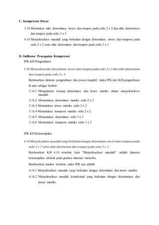 C. Kompetensi Dasar
3.16 Menetukan nilai determinan, invers dan tranpos pada ordo 2 x 2 dan nilai determinan
dan tranpos pada ordo 3 x 3
4.16 Menyelesaikan masalah yang berkaitan dengan determinan, invers dan tranpose pada
ordo 2 x 2 serta nilai determinan dan tranpos pada ordo 3 x 3
D. Indikator Pencapaian Kompetensi
IPK KD Pengetahuan
3.16 Menetukan nilai determinan, invers dan tranpos pada ordo 2 x 2 dan nilai determinan
dan tranpos pada ordo 3 x 3
Berdasarkan dimensi pengetahuan dan proses kognitif, maka IPK dari KD pengetahuan
di atas sebagai berikut.
3.16.1 Menjelaskan konsep determinan dan invers matriks dalam menyelesaikan
masalah
3.16.2 Menentukan determinan matriks ordo 2 x 2
3.16.3 Menentukan invers matriks ordo 2 x 2
3.16.4 Menentukan transpose matriks ordo 2 x 2
3.16.5 Menentukan determinan ordo 3 x 3
3.16.6 Menentukan transpose matriks ordo 3 x 3
IPK KD Keterampilan
4.16 Menyelesaikan masalah yang berkaitandengan determinan, invers dan tranpose pada
ordo 2 x 2 serta nilai determinan dan tranpos pada ordo 3 x 3
Berdasarkan KD 4.16 tersebut, kata “Menyelesaikan masalah” adalah dimensi
keterampilan abstrak pada gradasi minimal mencoba.
Berdasarkan analisis tersebut, maka IPK nya adalah
4.16.1 Menyelesaikan masalah yang berkaitan dengan determinan dan invers matriks
4.16.2 Menyelesaikan masalah kontekstual yang berkaitan dengan determninan dan
invers matriks.
 