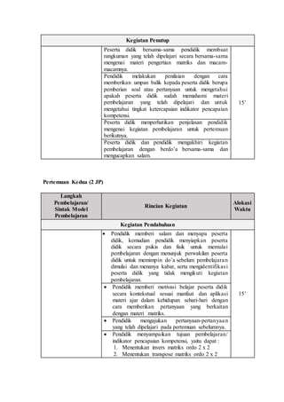 Pertemuan Kedua (2 JP)
Kegiatan Penutup
Peserta didik bersama-sama pendidik membuat
rangkuman yang telah dipelajari secara bersama-sama
mengenai materi pengertian matriks dan macam-
macamnya.
15’
Pendidik melakukan penilaian dengan cara
memberikan umpan balik kepada peserta didik berupa
pemberian soal atau pertanyaan untuk mengetahui
apakah peserta didik sudah memahami materi
pembelajaran yang telah dipelajari dan untuk
mengetahui tingkat ketercapaian indikator pencapaian
kompetensi.
Peserta didik menperhatikan penjelasan pendidik
mengenai kegiatan pembelajaran untuk pertemuan
berikutnya.
Peserta didik dan pendidik mengakhiri kegiatan
pembelajaran dengan berdo’a bersama-sama dan
mengucapkan salam.
Langkah
Pembelajaran/
Sintak Model
Pembelajaran
Rincian Kegiatan
Alokasi
Waktu
Kegiatan Pendahuluan
 Pendidik memberi salam dan menyapa peserta
didik, kemudian pendidik menyiapkan peserta
didik secara psikis dan fisik untuk memulai
pembelajaran dengan menunjuk perwakilan peserta
didik untuk memimpin do’a sebelum pembelajaran
dimulai dan menanya kabar, serta mengidentifikasi
peserta didik yang tidak mengikuti kegiatan
pembelajaran.
15’
 Pendidik memberi motivasi belajar peserta didik
secara kontekstual sesuai manfaat dan aplikasi
materi ajar dalam kehidupan sehari-hari dengan
cara memberikan pertanyaan yang berkaitan
dengan materi matriks.
 Pendidik mengajukan pertanyaan-pertanyaan
yang telah dipelajari pada pertemuan sebelumnya.
 Pendidik menyampaikan tujuan pembelajaran/
indikator pencapaian kompetensi, yaitu dapat :
1. Menentukan invers matriks ordo 2 x 2
2. Menentukan transpose matriks ordo 2 x 2
 