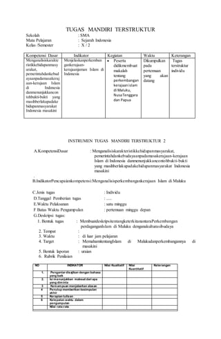 TUGAS MANDIRI TERSTRUKTUR
Sekolah : SMA
Mata Pelajaran : Sejarah Indonesia
Kelas /Semester : X / 2
Kompetensi Dasar Indikator Kegiatan Waktu Keterangan
Menganalisiskarakte
ristikkehidupanmasy
arakat,
pemerintahdankebud
ayaanpadamasakeraj
aan-kerajaan Islam
di Indonesia
danmenunjukkancon
tohbukti-bukti yang
masihberlakupadake
hidupanmasyarakat
Indonesia masakini
Menjelaskanperkemban
gankerajaan-
kerajaanjaman Islam di
Indonesia
 Peserta
didikmembuat
makalah
tentang
perkembangan
kerajaanislam
di Maluku,
NusaTenggara
dan Papua
Dikumpulkan
pada
pertemuan
yang akan
datang
Tugas
terstruktur
individu
INSTRUMEN TUGAS MANDIRI TERSTRUKTUR 2
A.KompetensiDasar : Menganalisiskarakteristikkehidupanmasyarakat,
pemerintahdankebudayaanpadamasakerajaan-kerajaan
Islam di Indonesia danmenunjukkancontohbukti-bukti
yang masihberlakupadakehidupanmasyarakat Indonesia
masakini
.
B.IndikatorPencapaiankompetensi:Menganalisisperkembangankerajaan Islam di Maluku
C.Jenis tugas : Individu
D.Tanggal Pemberian tugas : .....
E.Waktu Pelaksanan : satu minggu
F Batas Waktu Pengumpulan : pertemuan minggu depan
G.Deskripsi tugas:
1. Bentuk tugas : MembuatdeskripsitentangketerkitanantaraPerkembangan
perdaganganIslam di Maluku denganakulturasibudaya
2. Tempat :
3. Waktu : di luar jam pelajaran
4. Target : MemahamitentangIslam di Malukudanperkembangannya di
masakini
5. Bentuk laporan : uraian
6. Rubrik Penilaian
NO INDIKATOR Nilai Kualitatif Nilai
Kuantitatif
Keterangan
1. Pengantar disajikan dengan bahasa
yang baik
2. Isi menunjukkan maksud dari apa
yang diminta
3 Kemampuan menjabarkan alasan
4 Penutup memberikan kesimpulan
akhir
5 Kerapian tulisan
6 Ketepatan waktu dalam
pengumpulan
Nilai rata-rata
 