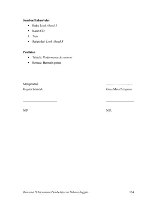 Rencana Pelaksanaan Pembelajaran Bahasa Inggris 134
Sumber/Bahan/Alat
 Buku Look Ahead 3
 Kaset/CD
 Tape
 Script dari Look Ahead 3
Penilaian
 Teknik: Performance Assesment
 Bentuk: Bermain peran
Mengetahui …………………,….
Kepala Sekolah Guru Mata Pelajaran
______________________ __________________
NIP NIP.
 