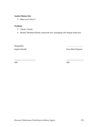 Rencana Pelaksanaan Pembelajaran Bahasa Inggris 176
Sumber/Bahan/Alat
 Buku Look Ahead 3
Penilaian
 Teknik: Tertulis
 Bentuk: Membuat kalimat, menjawab soal, melengkapi teks dengan tanda baca
Mengetahui …………………,….
Kepala Sekolah Guru Mata Pelajaran
______________________ __________________
NIP. NIP.
 