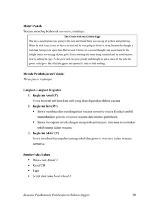 Rencana Pelaksanaan Pembelajaran Bahasa Inggris 20
Materi Pokok
Wacana monolog berbentuk narrative, misalnya:
The Goose with the Golden Eggs
One day a countryman was going to the nest and found there was an egg all yellow and glittering.
When he took it up, it was as heavy as lead and he was going to throw it away, because he thought a
trick had been played upon him. But he took it home on a second thought, and soon found to his
delight that it was an egg of pure gold. Every morning the same thing occurred and he soon became
rich by selling its eggs. As he grew rich, he grew greedy and thought to get at once all the gold the
goose could give. He killed the ggose and opened it: only to find nothing.
Metode Pembelajaran/Teknik:
Three-phase technique
Langkah-Langkah Kegiatan
1. Kegiatan Awal (5’)
Siswa mencari arti kata-kata sulit yang akan digunakan dalam wacana
2. Kegiatan Inti (35’)
 Siswa membaca dan mendengarkan wacana narrative secara klasikal sambil
memerhatikan generic structure wacana dan intonasi pembicara.
 Siswa merespons isi teks dengan menjawab pertanyaan, temrasuk menentukan
tokoh utama dalam wacana.
3. Kegiatan Akhir (5’)
Siswa membuat kesimpulan tentang tokoh dan generic structure dalam wacana
narrative.
Sumber/Alat/Bahan
 Buku Look Ahead 3
 Kaset/CD
 Tape
 Script dari buku Look Ahead 3
 