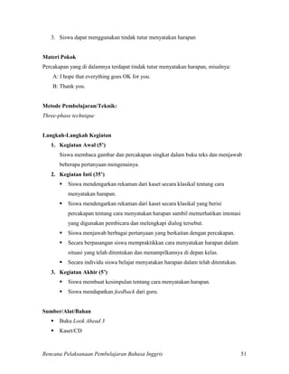 Rencana Pelaksanaan Pembelajaran Bahasa Inggris 51
3. Siswa dapat menggunakan tindak tutur menyatakan harapan
Materi Pokok
Percakapan yang di dalamnya terdapat tindak tutur menyatakan harapan, misalnya:
A: I hope that everything goes OK for you.
B: Thank you.
Metode Pembelajaran/Teknik:
Three-phase technique
Langkah-Langkah Kegiatan
1. Kegiatan Awal (5’)
Siswa membaca gambar dan percakapan singkat dalam buku teks dan menjawab
beberapa pertanyaan mengenainya.
2. Kegiatan Inti (35’)
 Siswa mendengarkan rekaman dari kaset secara klasikal tentang cara
menyatakan harapan.
 Siswa mendengarkan rekaman dari kaset secara klasikal yang berisi
percakapan tentang cara menyatakan harapan sambil memerhatikan intonasi
yang digunakan pembicara dan melengkapi dialog tersebut.
 Siswa menjawab berbagai pertanyaan yang berkaitan dengan percakapan.
 Secara berpasangan siswa mempraktikkan cara menyatakan harapan dalam
situasi yang telah ditentukan dan menampilkannya di depan kelas.
 Secara individu siswa belajar menyatakan harapan dalam telah ditentukan.
3. Kegiatan Akhir (5’)
 Siswa membuat kesimpulan tentang cara menyatakan harapan.
 Siswa mendapatkan feedback dari guru.
Sumber/Alat/Bahan
 Buku Look Ahead 3
 Kaset/CD
 