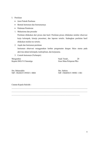 4
I. Penilaian
 Jenis/Teknik Penilaian
 Bentuk Instrumen dan Instrumennya
 Pedoman Penskoran
1. Mekanisme dan prosedur
Penilaian dilakukan dari proses dan hasil. Penilaian proses dilakukan melalui observasi
kerja kelompok, kinerja presentasi, dan laporan tertulis. Sedangkan penilaian hasil
dilakukan melalui tes tertulis.
2. Aspek dan Instrumen penilaian
Instrumen observasi menggunakan lembar pengamatan dengan fokus utama pada
aktivitas dalam kelompok, kedisiplinan, dan kerjasama.
3. Contoh Instrumen (Terlampir)
Mengetahui Suak Timah , 20
Kepala SMA N I Samatiga Guru Mata Pelajaran PKn
Drs. Baharuddin Drs. Sabirin
NIP. 19620419 199303 1 0004 NIP. 196405015 198901 1 001
Catatan Kepala Sekolah :
............................................................................................................................................................
............................................................................................................................................................
............................................................................................................................................
 