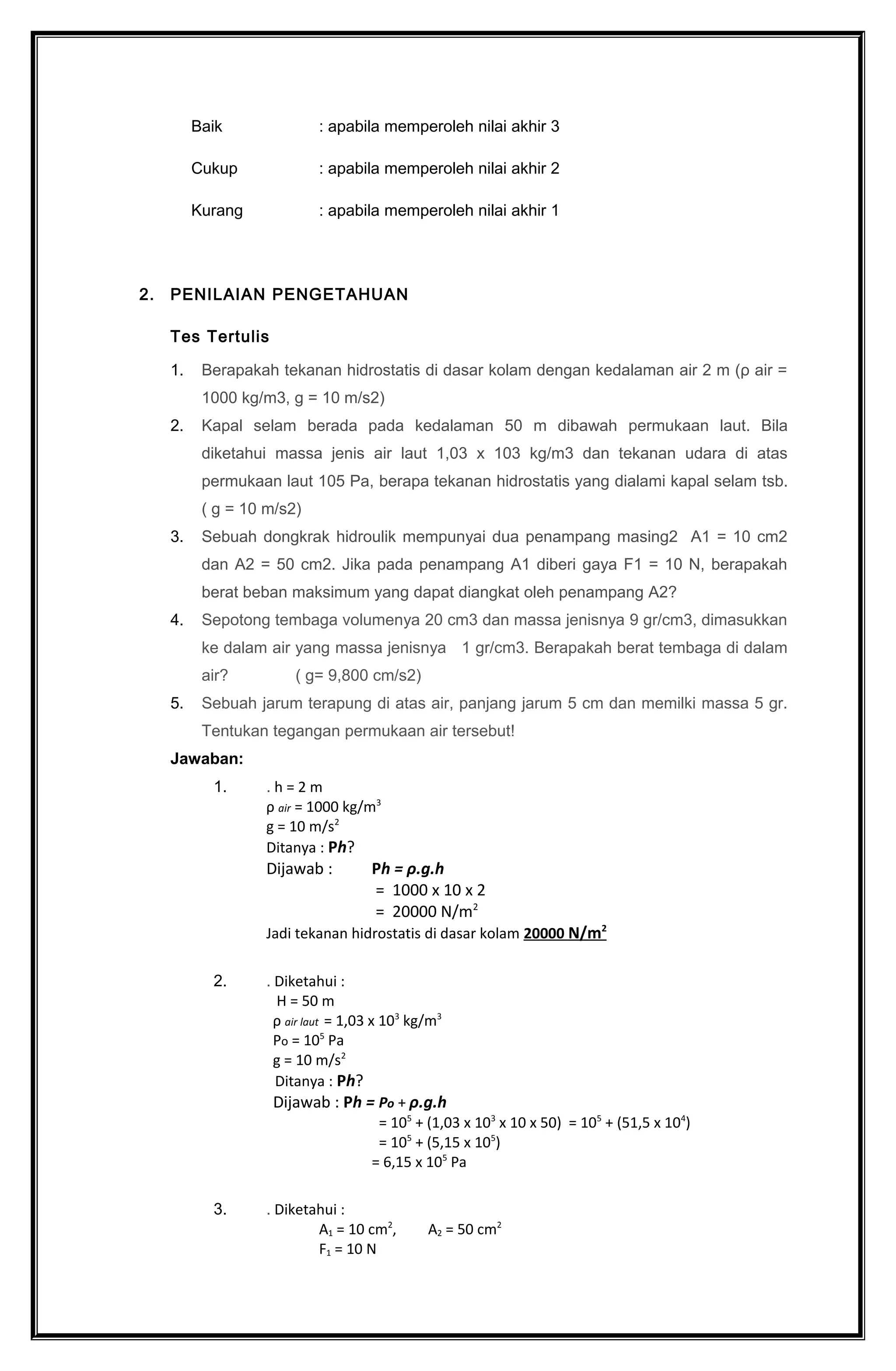 Baik : apabila memperoleh nilai akhir 3
Cukup : apabila memperoleh nilai akhir 2
Kurang : apabila memperoleh nilai akhir 1
2. PENILAIAN PENGETAHUAN
Tes Tertulis
1. Berapakah tekanan hidrostatis di dasar kolam dengan kedalaman air 2 m (ρ air =
1000 kg/m3, g = 10 m/s2)
2. Kapal selam berada pada kedalaman 50 m dibawah permukaan laut. Bila
diketahui massa jenis air laut 1,03 x 103 kg/m3 dan tekanan udara di atas
permukaan laut 105 Pa, berapa tekanan hidrostatis yang dialami kapal selam tsb.
( g = 10 m/s2)
3. Sebuah dongkrak hidroulik mempunyai dua penampang masing2 A1 = 10 cm2
dan A2 = 50 cm2. Jika pada penampang A1 diberi gaya F1 = 10 N, berapakah
berat beban maksimum yang dapat diangkat oleh penampang A2?
4. Sepotong tembaga volumenya 20 cm3 dan massa jenisnya 9 gr/cm3, dimasukkan
ke dalam air yang massa jenisnya 1 gr/cm3. Berapakah berat tembaga di dalam
air? ( g= 9,800 cm/s2)
5. Sebuah jarum terapung di atas air, panjang jarum 5 cm dan memilki massa 5 gr.
Tentukan tegangan permukaan air tersebut!
Jawaban:
1. . h = 2 m
ρ air = 1000 kg/m3
g = 10 m/s2
Ditanya : Ph?
Dijawab : Ph = ρ.g.h
= 1000 x 10 x 2
= 20000 N/m2
Jadi tekanan hidrostatis di dasar kolam 20000 N/m2
2. . Diketahui :
H = 50 m
ρ air laut = 1,03 x 103
kg/m3
Po = 105
Pa
g = 10 m/s2
Ditanya : Ph?
Dijawab : Ph = Po + ρ.g.h
= 105
+ (1,03 x 103
x 10 x 50) = 105
+ (51,5 x 104
)
= 105
+ (5,15 x 105
)
= 6,15 x 105
Pa
3. . Diketahui :
A1 = 10 cm2
, A2 = 50 cm2
F1 = 10 N
 