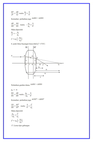Kemudian perhatikan juga
Maka diperoleh
b. jarak fokus bayangan lensa tebal (f’= F’H’)
Perhatikan gambar diatas.
Kemudian perhatikan juga
Maka diperoleh
17. Lensa tipis gabungan
 