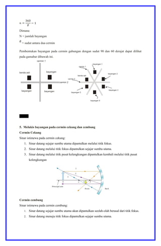 Dimana
N = jumlah bayangan
= sudut antara dua cermin
Pembentukan bayangan pada cermin gabungan dengan sudut 90 dan 60 derajat dapat dilihat
pada gamabar dibawah ini.
dengan
5. Melukis bayangan pada cermin cekung dan cembung
Cermin Cekung
Sinar istimewa pada cermin cekung:
1. Sinar datang sejajar sumbu utama dipantulkan melalui titik fokus.
2. Sinar datang melalui titik fokus dipantulkan sejajar sumbu utama.
3. Sinar datang melalui titik pusat kelengkungan dipantulkan kembali melalui titik pusat
kelengkungan
Cermin cembung
Sinar istimewa pada cermin cembung:
1. Sinar datang sejajar sumbu utama akan dipantulkan seolah-olah berasal dari titik fokus.
2. Sinar datang menuju titik fokus dipantulkan sejajar sumbu utama.
 