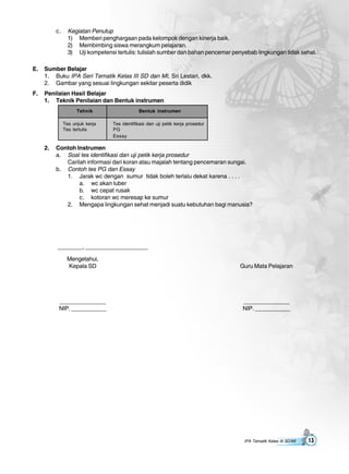 IPA Tematik Kelas III SD/MI 13
c. Kegiatan Penutup
1) Memberi penghargaan pada kelompok dengan kinerja baik.
2) Membimbing siswa merangkum pelajaran.
3) Uji kompetensi tertulis: tulislah sumber dan bahan pencemar penyebab lingkungan tidak sehat.
E. Sumber Belajar
1. Buku IPA Seri Tematik Kelas III SD dan MI, Sri Lestari, dkk.
2. Gambar yang sesuai lingkungan sekitar peserta didik
F. Penilaian Hasil Belajar
1. Teknik Penilaian dan Bentuk instrumen
2. Contoh Instrumen
a. Soal tes identifikasi dan uji petik kerja prosedur
Carilah informasi dari koran atau majalah tentang pencemaran sungai.
b. Contoh tes PG dan Essay
1. Jarak wc dengan sumur tidak boleh terlalu dekat karena . . . .
a. wc akan luber
b. wc cepat rusak
c. kotoran wc meresap ke sumur
2. Mengapa lingkungan sehat menjadi suatu kebutuhan bagi manusia?
________, ____________________
Mengetahui,
Kepala SD Guru Mata Pelajaran
_______________ _______________
NIP. ___________ NIP. ___________
Tehnik Bentuk instrumen
Tes unjuk kerja Tes identifikasi dan uji petik kerja prosedur
Tes tertulis PG
Essay
 