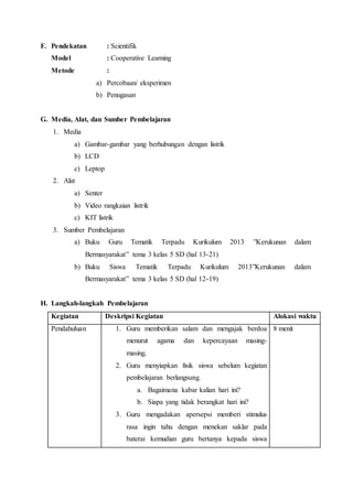 F. Pendekatan : Scientifik
Model : Cooperative Learning
Metode :
a) Percobaan/ eksperimen
b) Penugasan
G. Media, Alat, dan Sumber Pembelajaran
1. Media
a) Gambar-gambar yang berhubungan dengan listrik
b) LCD
c) Leptop
2. Alat
a) Senter
b) Video rangkaian listrik
c) KIT listrik
3. Sumber Pembelajaran
a) Buku Guru Tematik Terpadu Kurikulum 2013 ”Kerukunan dalam
Bermasyarakat” tema 3 kelas 5 SD (hal 13-21)
b) Buku Siswa Tematik Terpadu Kurikulum 2013”Kerukunan dalam
Bermasyarakat” tema 3 kelas 5 SD (hal 12-19)
H. Langkah-langkah Pembelajaran
Kegiatan Deskripsi Kegiatan Alokasi waktu
Pendahuluan 1. Guru memberikan salam dan mengajak berdoa
menurut agama dan kepercayaan masing-
masing.
2. Guru menyiapkan fisik siswa sebelum kegiatan
pembelajaran berlangsung.
a. Bagaimana kabar kalian hari ini?
b. Siapa yang tidak berangkat hari ini?
3. Guru mengadakan apersepsi memberi stimulus
rasa ingin tahu dengan menekan saklar pada
baterai kemudian guru bertanya kepada siswa
8 menit
 