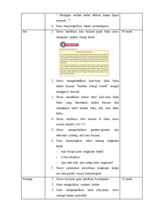 “ Mengapa setelah saklar ditekan lampu dapat
menyala ?”.
4. Guru menyampaikan tujuan pembelajaran
Inti 1. Siswa membaca teks bacaan pada buku siswa
mengenai sumber energi listrik.
2. Siswa mengidentifikasi kata-kata tidak baku
dalam bacaan “Sumber Energi Listrik” dengan
menggaris bawahi.
3. Siswa menuliskan dalam tabel kata-kata tidak
baku yang ditemukan dalam bacaan dan
menuliskan tabel bentuk baku dari kata tidak
baku.
4. Siswa membaca teks bacaan di buku siswa
secara mandiri (16-17)
5. Siswa memperhatikan gambar-gambar dan
informasi penting dari teks bacaan.
6. Guru menayangkan video tentang rangkaian
listrik.
- Ada berapa jenis rangkaian listrik?
- Coba sebutkan
- Apa sifat-sifat dari setiap jenis rangkaian?
7. Siswa melakukan percobaan rangkaian lampu
seri dan paralel secara berkelompok.
50 menit
Penutup 1. Siswa bersama guru membuat kesimpulan
2. Guru mengadakan evaluasi tertulis
3. Guru mengumpulkan hasil pekerjaan siswa
sebagai bahan portofolio
12 menit
 