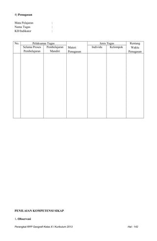 4) Penugasan
Mata Pelajaran :
Nama Tugas :
KD/Indikator :
No. Pelaksanaa Tugas
Materi
Penugasan
Jenis Tugas Rentang
Waktu
Penugasan
Selama Proses
Pembelajaran
Pembelajaran
Mandiri
Individu Kelompok
PENILAIAN KOMPETENSI SIKAP
1. Observasi
Perangkat RPP Geografi Kelas X / Kurikulum 2013 Hal : 142
 
