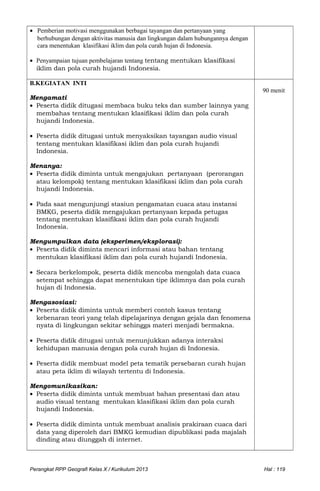 • Pemberian motivasi menggunakan berbagai tayangan dan pertanyaan yang
berhubungan dengan aktivitas manusia dan lingkungan dalam hubungannya dengan
cara menentukan klasifikasi iklim dan pola curah hujan di Indonesia.
• Penyampaian tujuan pembelajaran tentang tentang mentukan klasifikasi
iklim dan pola curah hujandi Indonesia.
B.KEGIATAN INTI
Mengamati
• Peserta didik ditugasi membaca buku teks dan sumber lainnya yang
membahas tentang mentukan klasifikasi iklim dan pola curah
hujandi Indonesia.
• Peserta didik ditugasi untuk menyaksikan tayangan audio visual
tentang mentukan klasifikasi iklim dan pola curah hujandi
Indonesia.
Menanya:
• Peserta didik diminta untuk mengajukan pertanyaan (perorangan
atau kelompok) tentang mentukan klasifikasi iklim dan pola curah
hujandi Indonesia.
• Pada saat mengunjungi stasiun pengamatan cuaca atau instansi
BMKG, peserta didik mengajukan pertanyaan kepada petugas
tentang mentukan klasifikasi iklim dan pola curah hujandi
Indonesia.
Mengumpulkan data (eksperimen/eksplorasi):
• Peserta didik diminta mencari informasi atau bahan tentang
mentukan klasifikasi iklim dan pola curah hujandi Indonesia.
• Secara berkelompok, peserta didik mencoba mengolah data cuaca
setempat sehingga dapat menentukan tipe iklimnya dan pola curah
hujan di Indonesia.
Mengasosiasi:
• Peserta didik diminta untuk memberi contoh kasus tentang
kebenaran teori yang telah dipelajarinya dengan gejala dan fenomena
nyata di lingkungan sekitar sehingga materi menjadi bermakna.
• Peserta didik ditugasi untuk menunjukkan adanya interaksi
kehidupan manusia dengan pola curah hujan di Indonesia.
• Peserta didik membuat model peta tematik persebaran curah hujan
atau peta iklim di wilayah tertentu di Indonesia.
Mengomunikasikan:
• Peserta didik diminta untuk membuat bahan presentasi dan atau
audio visual tentang mentukan klasifikasi iklim dan pola curah
hujandi Indonesia.
• Peserta didik diminta untuk membuat analisis prakiraan cuaca dari
data yang diperoleh dari BMKG kemudian dipublikasi pada majalah
dinding atau diunggah di internet.
90 menit
Perangkat RPP Geografi Kelas X / Kurikulum 2013 Hal : 119
 