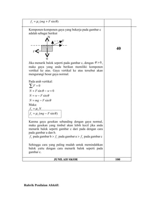 f s = µ s (mg + F sin θ )

   Komponen-komponen gaya yang bekerja pada gambar c
   adalah sebagai berikut
                 N
                          F

                                                                40
      f

                w
   Jika menarik balok seperti pada gambar c, dengan θ > 0 ,
   maka gaya yang anda berikan memiliki komponen
   vertikal ke atas. Gaya vertikal ke atas tersebut akan
   mengurangi besar gaya normal.

   Pada arah vertikal:
   ∑F =0
   N + F sin θ − w = 0
   N = w − F sin θ
   N = mg − F sin θ
   Maka:
   fs = µs N
    f s = µ s (mg − F sin θ )

   Karena gaya gesekan sebanding dengan gaya normal,
   maka gesekan yang timbul akan lebih kecil jika anda
   menarik balok seperti gambar c dari pada dengan cara
   pada gambar a dan b.
    f s pada gambar b > f s pada gambar a > f s pada gambar c

   Sehingga cara yang paling mudah untuk memindahkan
   balok yaitu dengan cara menarik balok seperti pada
   gambar c.

                         JUMLAH SKOR                            100




Rubrik Penilaian Afektif:
 