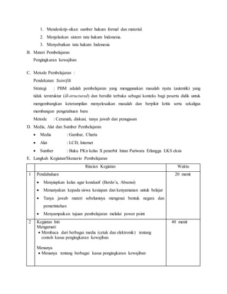 1. Mendeskrip-sikan sumber hukum formal dan material.
2. Menjelaskan sistem tata hukum Indonesia.
3. Menyebutkan tata hukum Indonesia
B. Materi Pembelajaran
Pengingkaran kewajiban
C. Metode Pembelajaran :
Pendekatan: Saintifik
Strategi : PBM adalah pembelajaran yang menggunakan masalah nyata (autentik) yang
tidak terstruktur (ill-structured) dan bersifat terbuka sebagai konteks bagi peserta didik untuk
mengembangkan keterampilan menyelesaikan masalah dan berpikir kritis serta sekaligus
membangun pengetahuan baru
Metode : Ceramah, diskusi, tanya jawab dan penugasan
D. Media, Alat dan Sumber Pembelajaran
 Media : Gambar, Charta
 Alat : LCD, Internet
 Sumber : Buku PKn kelas X penerbit Intan Pariwara Erlangga LKS eksis
E. Langkah Kegiatan/Skenario Pembelajaran
Rincian Kegiatan Waktu
1 Pendahuluan
 Menyiapkan kelas agar kondusif (Berdo’a, Absensi)
 Menanyakan kepada siswa kesiapan dan kenyamanan untuk belajar
 Tanya jawab materi sebelumnya mengenai bentuk negara dan
pemerintahan
 Menyampaikan tujuan pembelajaran melalui power point
20 menit
2 Kegiatan Inti
Mengamati
 Membaca dari berbagai media (cetak dan elektronik) tentang
contoh kasus pengingkaran kewajiban
Menanya
 Menanya tentang berbagai kasus pengingkaran kewajiban
40 menit
 