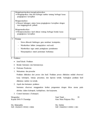 Mengeksperimenkan/mengeksplorasikan
 Mengumpulkan data dari berbagai sumber tentang berbagai kasus
pengingkaran kewajiban
Mengasosiasikan
 Mencari hubungan antara kasus pengingkaran kewajiban dengan
rasa tanggungjawab pribadi
.
Mengomunikasikan
 Mempresentasikan hasil diskusi tentang berbagai bentuk kasus
pengingkaran kewajiban
3 Penutup
- Siswa dibawah bimbingan guru membuat kesimpulan,
- Memberikan latihan (mengerjakan soal-soal)
- Memberikan tugas untuk peningkatan pemahaman
- Menyampaikan materi pertemuan berikutnya
30 menit
F. Penilaian
 Jenis/Teknik Penilaian
 Bentuk Instrumen dan Instrumennya
 Pedoman Penskoran
1. Mekanisme dan prosedur
Penilaian dilakukan dari proses dan hasil. Penilaian proses dilakukan melalui observasi
kerja kelompok, kinerja presentasi, dan laporan tertulis. Sedangkan penilaian hasil
dilakukan melalui tes tertulis.
2. Aspek dan Instrumen penilaian
Instrumen observasi menggunakan lembar pengamatan dengan fokus utama pada
aktivitas dalam kelompok, kedisiplinan, dan kerjasama.
3. Contoh Instrumen (Terlampir)
Mengetahui Suak Timah , 20
Kepala SMA N I Samatiga Guru Mata Pelajaran PKn
Drs. Baharuddin Drs. Sabirin
NIP. 19620419 199303 1 0004 NIP. 196405015 198901 1 001
 