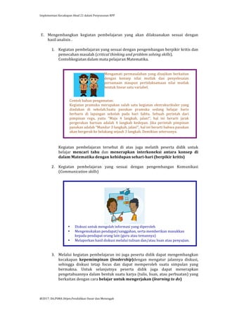 Implementasi	
  Kecakapan	
  Abad	
  21	
  dalam	
  Penyusunan	
  RPP	
  
	
  
@2017.	
  Dit.PSMA	
  Ditjen.Pendidikan	
  Dasar	
  dan	
  Menengah	
  
	
  
	
  
E. Mengembangkan	
   kegiatan	
   pembelajaran	
   yang	
   akan	
   dilaksanakan	
   sesuai	
   dengan	
  
hasil	
  analisis	
  .	
  
	
  
1. Kegiatan	
  pembelajaran	
  yang	
  sesuai	
  dengan	
  pengembangan	
  berpikir	
  kritis	
  dan	
  
pemecahan	
  masalah	
  (critical	
  thinking	
  and	
  problem	
  solving	
  skills).	
  
Contohkegiatan	
  dalam	
  mata	
  pelajaran	
  Matematika.	
  
	
  
	
  
	
  
	
  
	
  
	
  
	
  
	
  
	
  
	
  
	
  
	
  
	
  
	
  
	
  
	
  
	
  
Kegiatan	
   pembelajaran	
   tersebut	
   di	
   atas	
   juga	
   melatih	
   peserta	
   didik	
   untuk	
  
belajar	
   mencari	
   tahu	
   dan	
   menerapkan	
   interkoneksi	
   antara	
   konsep	
   di	
  
dalam	
  Matematika	
  dengan	
  kehidupan	
  sehari-­‐hari	
  (berpikir	
  kritis)	
  
	
  
2. Kegiatan	
   pembelajaran	
   yang	
   sesuai	
   dengan	
   pengembangan	
   Komunikasi	
  
(Communication	
  skills)	
  
	
  
	
  
	
  
	
  
	
  
	
  
	
  
	
  
	
  
	
  
	
  
	
  
	
  
	
  
	
  
	
  
3. Melalui	
  kegiatan	
  pembelajaran	
  ini	
  juga	
  peserta	
  didik	
  dapat	
  mengembangkan	
  
kecakapan	
   kepemimpinan	
   (leadership)dengan	
   mengatur	
   jalannya	
   diskusi,	
  
sehingga	
   diskusi	
   tetap	
   focus	
   dan	
   dapat	
   memperoleh	
   suatu	
   simpulan	
   yang	
  
bermakna.	
   Untuk	
   selanjutnya	
   peserta	
   didik	
   juga	
   dapat	
   menerapkan	
  
pengetahuannya	
  dalam	
  bentuk	
  suatu	
  karya	
  (tulis,	
  lisan,	
  atau	
  perbuatan)	
  yang	
  
berkaitan	
  dengan	
  cara	
  belajar	
  untuk	
  mengerjakan	
  (learning	
  to	
  do)	
  
	
  
	
  
Mengamati	
   permasalahan	
   yang	
   disajikan	
   berkaitan	
  
dengan	
   konsep	
   nilai	
   mutlak	
   dan	
   penyelesaian	
  
persamaan	
   maupun	
   pertidaksamaan	
   nilai	
   mutlak	
  
bentuk	
  linear	
  satu	
  variabel.	
  
	
  
	
  
Contoh	
  bahan	
  pengamatan:	
  
Kegiatan	
   pramuka	
   merupakan	
   salah	
   satu	
   kegiatan	
   ekstrakurikuler	
   yang	
  
diadakan	
   di	
   sekolah.Suatu	
   pasukan	
   pramuka	
   sedang	
   belajar	
   baris	
  
berbaris	
   di	
   lapangan	
   sekolah	
   pada	
   hari	
   Sabtu.	
   Sebuah	
   perintah	
   dari	
  
pimpinan	
   regu,	
   yaitu	
   “Maju	
   4	
   langkah,	
   jalan!”,	
   hal	
   ini	
   berarti	
   jarak	
  
pergerakan	
   barisan	
   adalah	
   4	
   langkah	
   kedepan.	
   Jika	
   perintah	
   pimpinan	
  
pasukan	
  adalah	
  “Mundur	
  3	
  langkah,	
  jalan!”,	
  hal	
  ini	
  berarti	
  bahwa	
  pasukan	
  
akan	
  bergerak	
  ke	
  belakang	
  sejauh	
  3	
  langkah.	
  Demikian	
  seterusnya.	
  
	
  
	
  
	
  
• Diskusi	
  untuk	
  mengolah	
  informasi	
  yang	
  diperoleh	
  
• Mengemukakan	
  pendapat/sanggahan,	
  serta	
  memberikan	
  masukkan	
  
kepada	
  pendapat	
  orang	
  lain	
  (guru	
  atau	
  temannya)	
  
• Melaporkan	
  hasil	
  diskusi	
  melalui	
  tulisan	
  dan/atau	
  lisan	
  atau	
  penyajian.	
  	
  
	
  
 