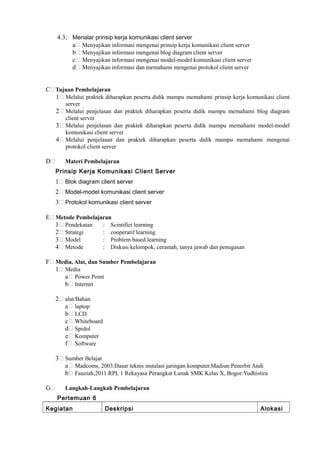 4.3; Menalar prinsip kerja komunikasi client server
a Menyajikan informasi mengenai prinsip kerja komunikasi client server
b Menyajikan informasi mengenai blog diagram client server
c Menyajikan informasi mengenai model-model komunikasi client server
d Menyajikan informasi dan memahami mengenai protokol client server
C Tujuan Pembelajaran
1 Melalui praktek diharapkan peserta didik mampu memahami prinsip kerja komunikasi client
server
2 Melalui penjelasan dan praktek diharapkan peserta didik mampu memahami blog diagram
client server
3 Melalui penjelasan dan praktek diharapkan peserta didik mampu memahami model-model
komunikasi client server
4 Melalui penjelasan dan praktek diharapkan peserta didik mampu memahami mengenai
protokol client server
D Materi Pembelajaran
Prinsip Kerja Komunikasi Client Server
1 Blok diagram client server
2 Model-model komunikasi client server
3 Protokol komunikasi client server
E Metode Pembelajaran
1 Pendekatan : Scintifict learning
2 Strategi : cooperatif learning
3 Model : Problem based learning
4 Metode : Diskusi kelompok, ceramah, tanya jawab dan penugasan
F Media, Alat, dan Sumber Pembelajaran
1 Media
a Power Point
b Internet
2 alat/Bahan
a laptop
b LCD
c Whiteboard
d Spidol
e Komputer
f Software
3 Sumber Belajar
a Madcoms, 2003.Dasar teknis instalasi jaringan komputer.Madiun:Penerbit Andi
b Fauziah,2011.RPL 1 Rekayasa Perangkat Lunak SMK Kelas X, Bogor:Yudhistira
G Langkah-Langkah Pembelajaran
Pertemuan 6
Kegiatan Deskripsi Alokasi
 