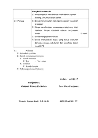 Mengkomunikasikan
1 Menyampaikan hasil analisis dalam bentuk laporan
tentang komunikasi client server
C Penutup 1 Siswa menyimpulkan materi pembelajaran yang telah
di pelajari
2 Siswa merefleksikan penguasaan materi yang telah
dipelajari dengan membuat catatan penguasaan
materi
3 Siswa mengerjakan evaluasi
4 Siswa menyepakati tugas yang harus dilakukan
berkaitan dengan sebutuhan dan spesifikasi dalam
merakit PC
15 menit
H Penilaian
1 Jenis/teknik penilaian
2 Bentuk instrumen dan instrumen
a Bentuk instrumen
1 Test : Test Uraian
b Instrumen
1 Test (Terlampir)
3 Pedoman penskoran (Terlampir)
Medan, 1 Juli 2017
Mengetahui;
Wakasek Bidang Kurikulum Guru Mata Pelajaran,
Ricardo Agogo Sirait, S.T, M.Si HENDRAWAN, ST
 