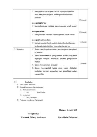 1 Mengajukan pertanyaan terkait tayangan/gambar
atau teks pembelajaran tentang instalasi sistem
operasi
Mengeksplorasi
1 Mengeksplorasi instalasi sistem operasi untuk server
Mengasosiasi
1 Menganalisis instalasi sistem operasi untuk server
Mengkomunikasikan
1 Menyampaikan hasil analisis dalam bentuk laporan
tentang instalasi sistem operasi untuk server
25 menit
25 menit
45 menit
C Penutup 1 Siswa menyimpulkan materi pembelajaran yang telah
di pelajari
2 Siswa merefleksikan penguasaan materi yang telah
dipelajari dengan membuat catatan penguasaan
materi
3 Siswa mengerjakan evaluasi
4 Siswa menyepakati tugas yang harus dilakukan
berkaitan dengan sebutuhan dan spesifikasi dalam
merakit PC
15 menit
H Penilaian
1 Jenis/teknik penilaian
2 Bentuk instrumen dan instrumen
a Bentuk instrumen
1 Test : Test Uraian
b Instrumen
1 Test (Terlampir)
3 Pedoman penskoran (Terlampir)
Medan, 1 Juli 2017
Mengetahui;
Wakasek Bidang Kurikulum Guru Mata Pelajaran,
 