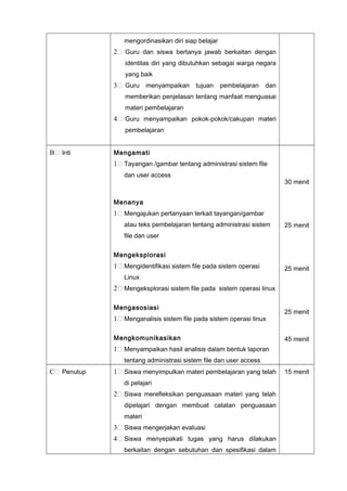 mengordinasikan diri siap belajar
2 Guru dan siswa bertanya jawab berkaitan dengan
identitas diri yang dibutuhkan sebagai warga negara
yang baik
3 Guru menyampaikan tujuan pembelajaran dan
memberikan penjelasan tentang manfaat menguasai
materi pembelajaran
4 Guru menyampaikan pokok-pokok/cakupan materi
pembelajaran
B Inti Mengamati
1 Tayangan /gambar tentang administrasi sistem file
dan user access
Menanya
1 Mengajukan pertanyaan terkait tayangan/gambar
atau teks pembelajaran tentang administrasi sistem
file dan user
Mengeksplorasi
1 Mengidentifikasi sistem file pada sistem operasi
Linux
2 Mengeksplorasi sistem file pada sistem operasi linux
Mengasosiasi
1 Menganalisis sistem file pada sistem operasi linux
Mengkomunikasikan
1 Menyampaikan hasil analisis dalam bentuk laporan
tentang administrasi sistem file dan user access
30 menit
25 menit
25 menit
25 menit
45 menit
C Penutup 1 Siswa menyimpulkan materi pembelajaran yang telah
di pelajari
2 Siswa merefleksikan penguasaan materi yang telah
dipelajari dengan membuat catatan penguasaan
materi
3 Siswa mengerjakan evaluasi
4 Siswa menyepakati tugas yang harus dilakukan
berkaitan dengan sebutuhan dan spesifikasi dalam
15 menit
 