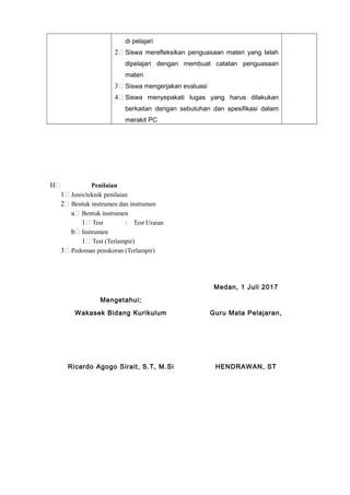 di pelajari
2 Siswa merefleksikan penguasaan materi yang telah
dipelajari dengan membuat catatan penguasaan
materi
3 Siswa mengerjakan evaluasi
4 Siswa menyepakati tugas yang harus dilakukan
berkaitan dengan sebutuhan dan spesifikasi dalam
merakit PC
H Penilaian
1 Jenis/teknik penilaian
2 Bentuk instrumen dan instrumen
a Bentuk instrumen
1 Test : Test Uraian
b Instrumen
1 Test (Terlampir)
3 Pedoman penskoran (Terlampir)
Medan, 1 Juli 2017
Mengetahui;
Wakasek Bidang Kurikulum Guru Mata Pelajaran,
Ricardo Agogo Sirait, S.T, M.Si HENDRAWAN, ST
 