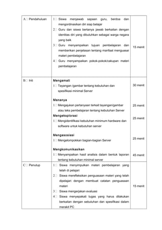 A Pendahuluan 1 Siswa menjawab sapaan guru, berdoa dan
mengordinasikan diri siap belajar
2 Guru dan siswa bertanya jawab berkaitan dengan
identitas diri yang dibutuhkan sebagai warga negara
yang baik
3 Guru menyampaikan tujuan pembelajaran dan
memberikan penjelasan tentang manfaat menguasai
materi pembelajaran
4 Guru menyampaikan pokok-pokok/cakupan materi
pembelajaran
15 menit
B Inti Mengamati
1 Tayangan /gambar tentang kebutuhan dan
spesifikasi minimal Server
Menanya
1 Mengajukan pertanyaan terkait tayangan/gambar
atau teks pembelajaran tentang kebutuhan Server
Mengeksplorasi
1 Mengidentifikasi kebutuhan minimum hardware dan
software untuk kebutuhan server
Mengasosiasi
1 Mengelompokkan bagian-bagian Server
Mengkomunikasikan
1 Menyampaikan hasil analisis dalam bentuk laporan
tentang kebutuhan minimal server
30 menit
25 menit
25 menit
25 menit
45 menit
C Penutup 1 Siswa menyimpulkan materi pembelajaran yang
telah di pelajari
2 Siswa merefleksikan penguasaan materi yang telah
dipelajari dengan membuat catatan penguasaan
materi
3 Siswa mengerjakan evaluasi
4 Siswa menyepakati tugas yang harus dilakukan
berkaitan dengan sebutuhan dan spesifikasi dalam
merakit PC
15 menit
 